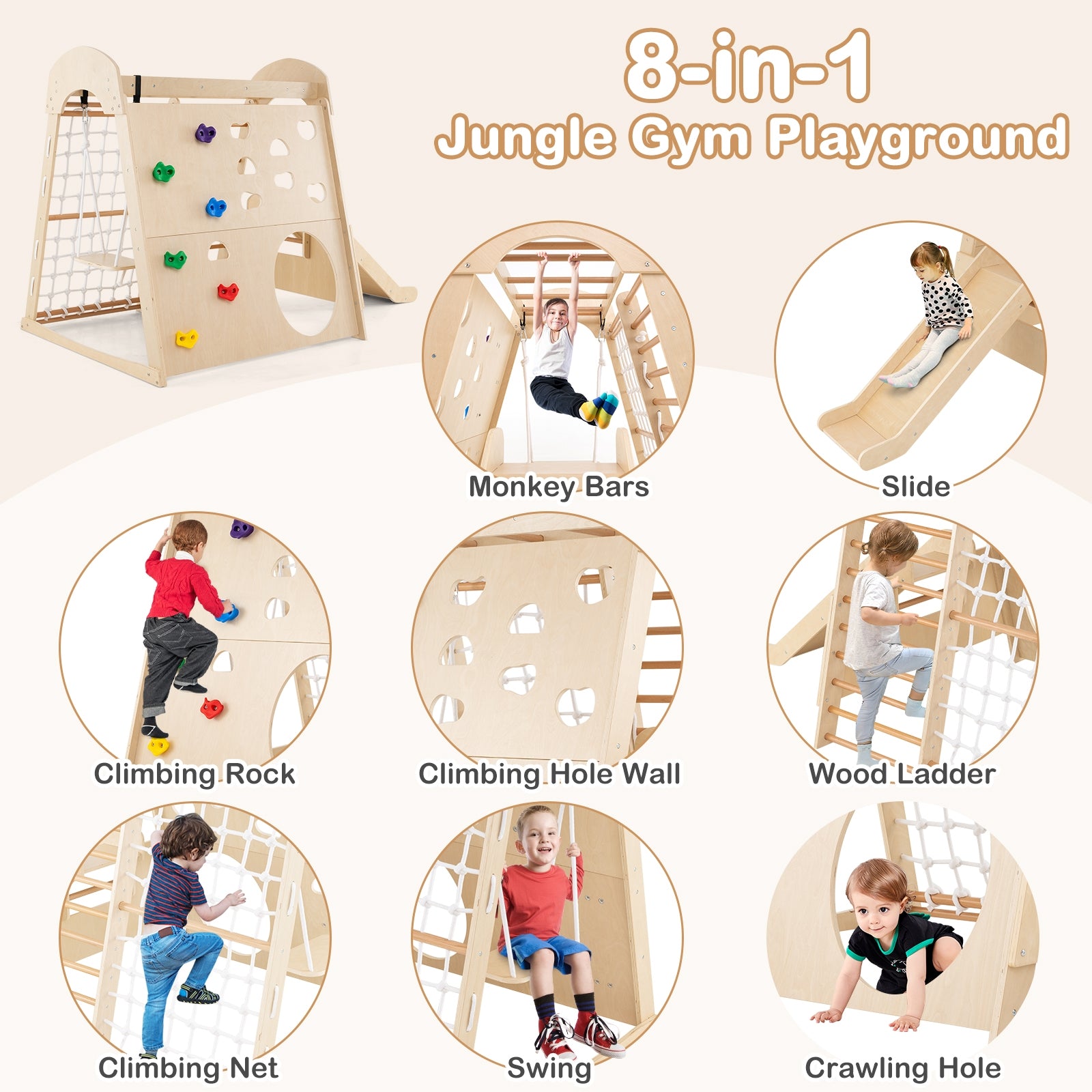 8-in-1 Indoor Jungle Gym Wooden Playground with Swing and Climbing Wall, Natural Climbers & Slides at Gallery Canada