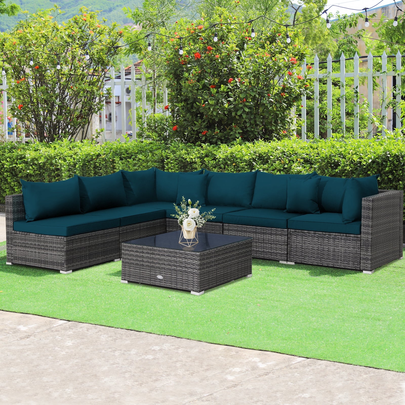 7 Pieces Patio Rattan Furniture Set with Sectional Sofa Cushioned, Green Outdoor Sectionals   at Gallery Canada