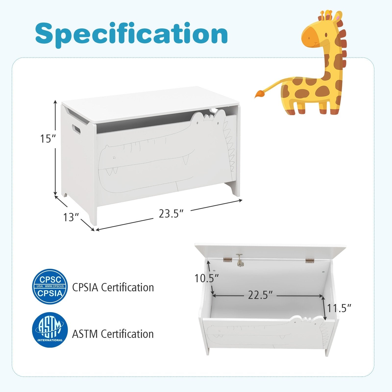 Wooden Kids Toy Box with Safety Hinge, White Kids Storage   at Gallery Canada