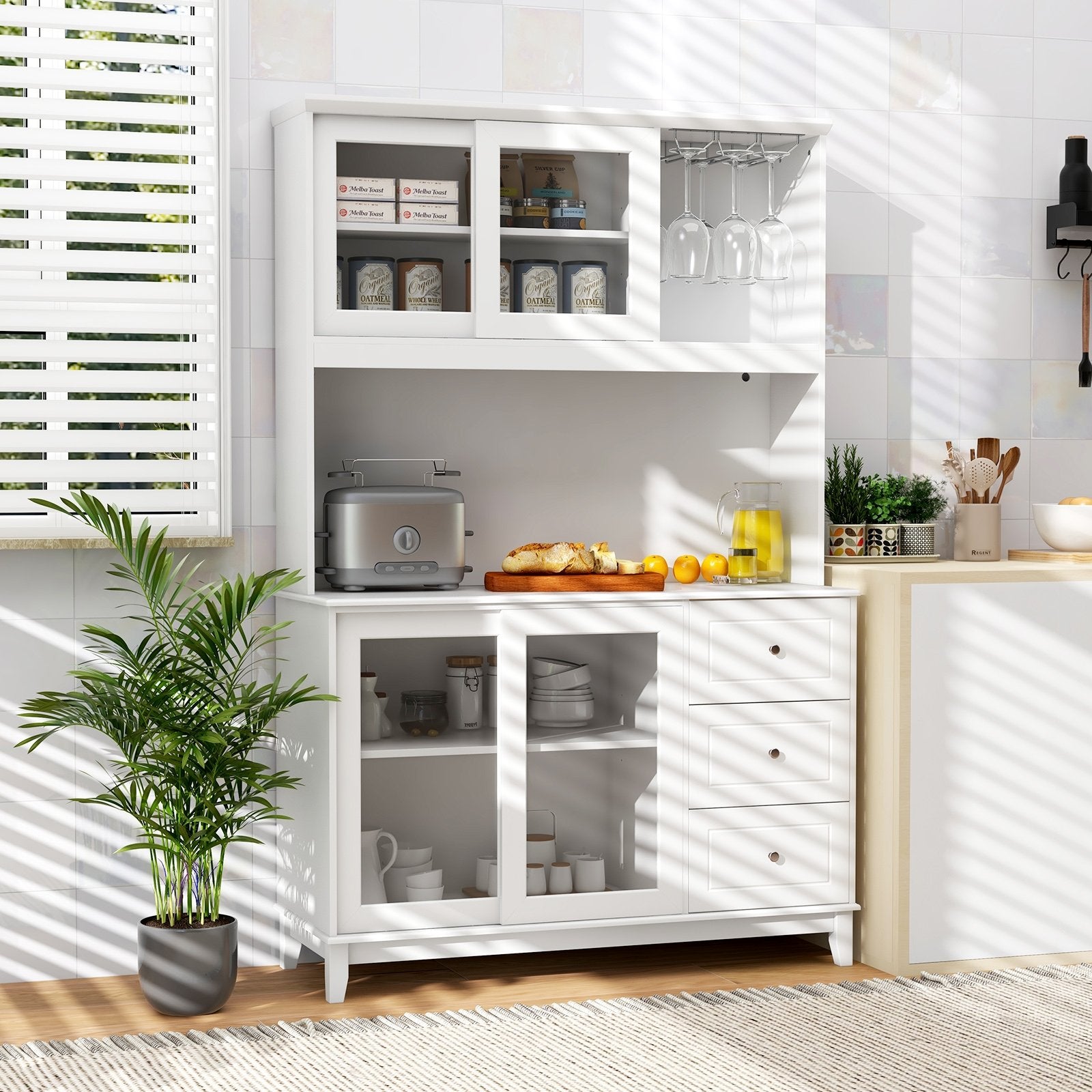 Kitchen Pantry Storage Cabinet Kitchen Hutch with LED lights and Power Outlet, White Sideboards Cabinets & Buffets   at Gallery Canada