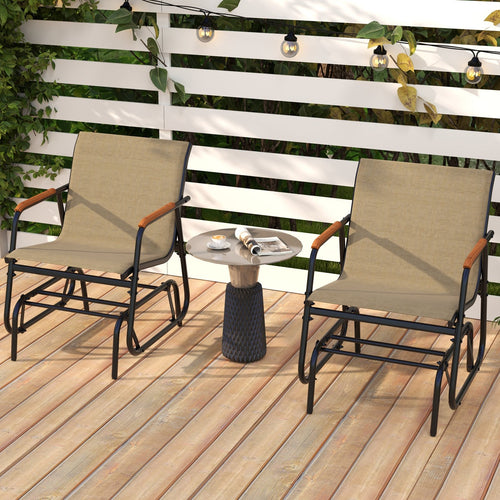 Patio Glider Chair Set of 2 with Curved Teak Armrests and Breathable Fabric Seat, Brown
