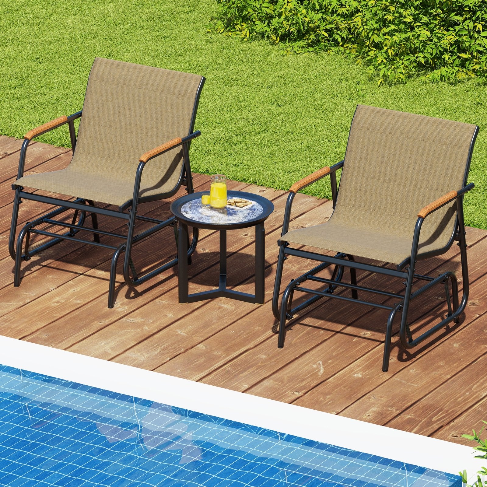 Patio Glider Chair Set of 2 with Curved Teak Armrests and Breathable Fabric Seat, Brown Patio Rocking Chairs & Gliders at Gallery Canada