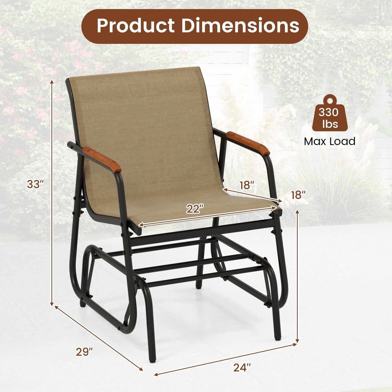 Patio Glider Chair Set of 2 with Curved Teak Armrests and Breathable Fabric Seat, Brown Patio Rocking Chairs & Gliders at Gallery Canada