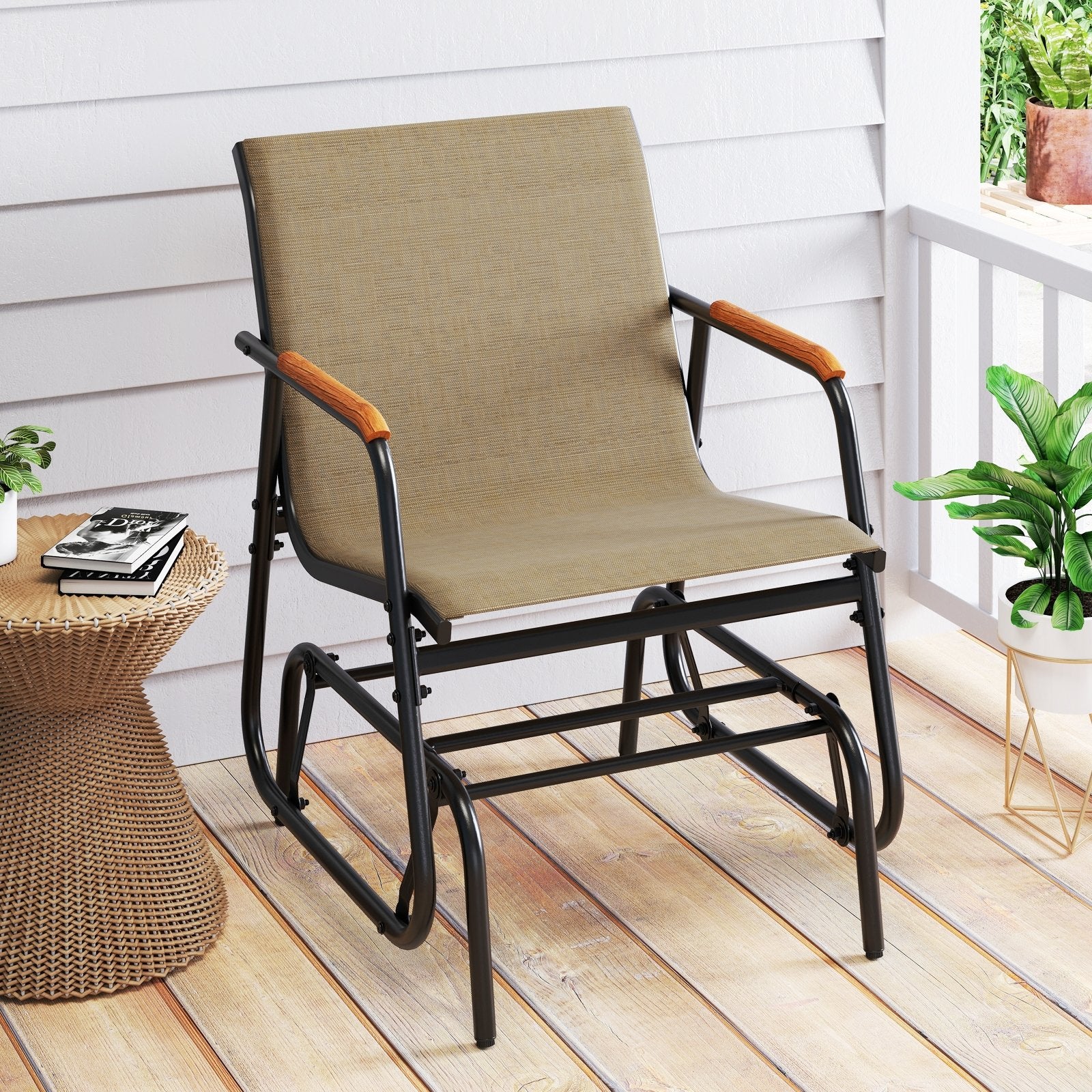 Patio Glider Chair Set of 2 with Curved Teak Armrests and Breathable Fabric Seat, Brown Patio Rocking Chairs & Gliders at Gallery Canada