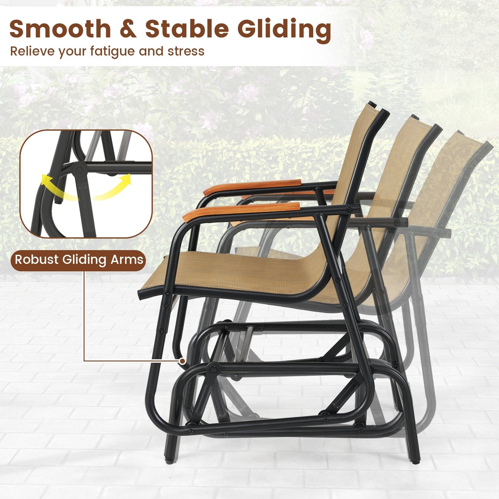 Patio Glider Chair Set of 2 with Curved Teak Armrests and Breathable Fabric Seat, Brown Patio Rocking Chairs & Gliders at Gallery Canada