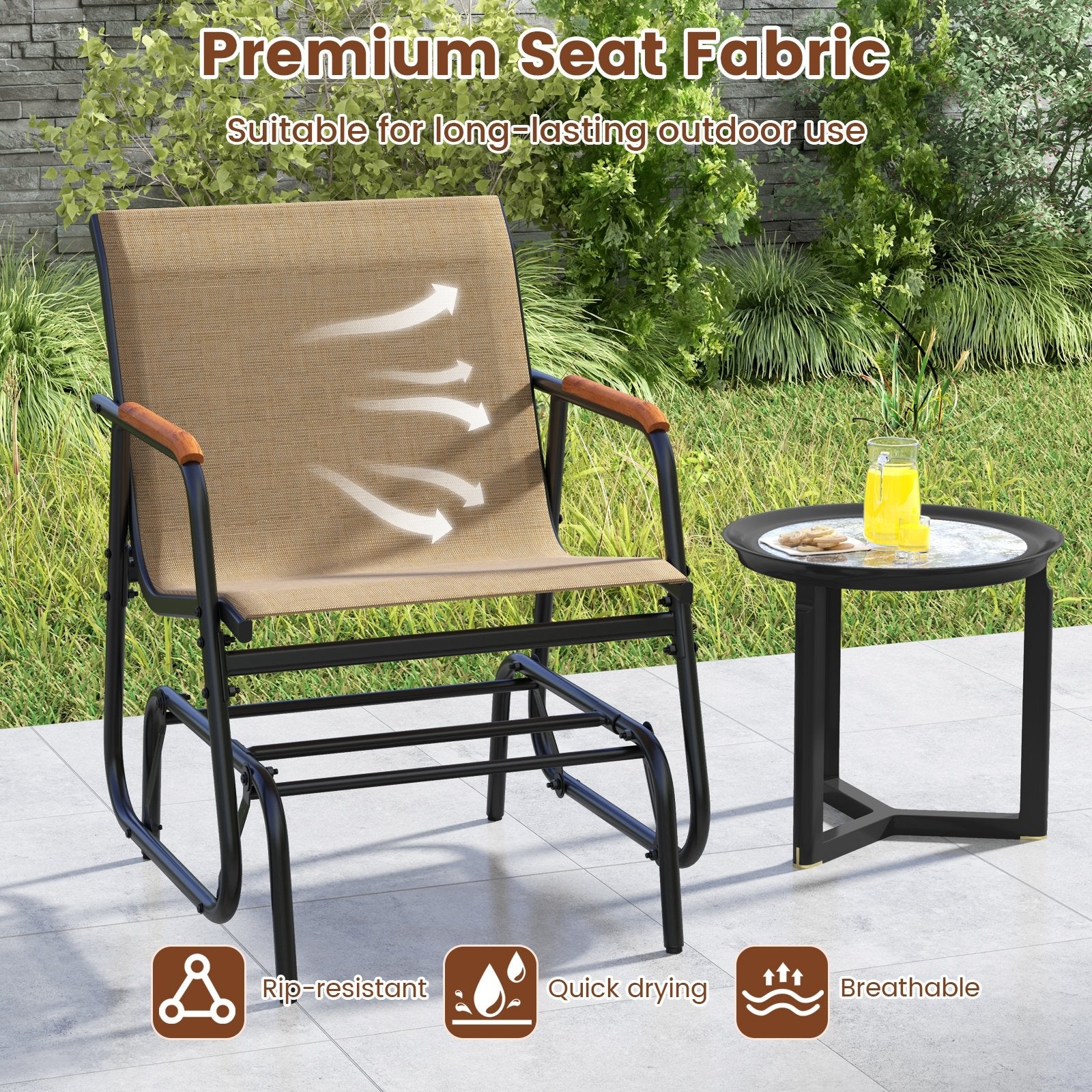 Patio Glider Chair Set of 2 with Curved Teak Armrests and Breathable Fabric Seat, Brown Patio Rocking Chairs & Gliders at Gallery Canada