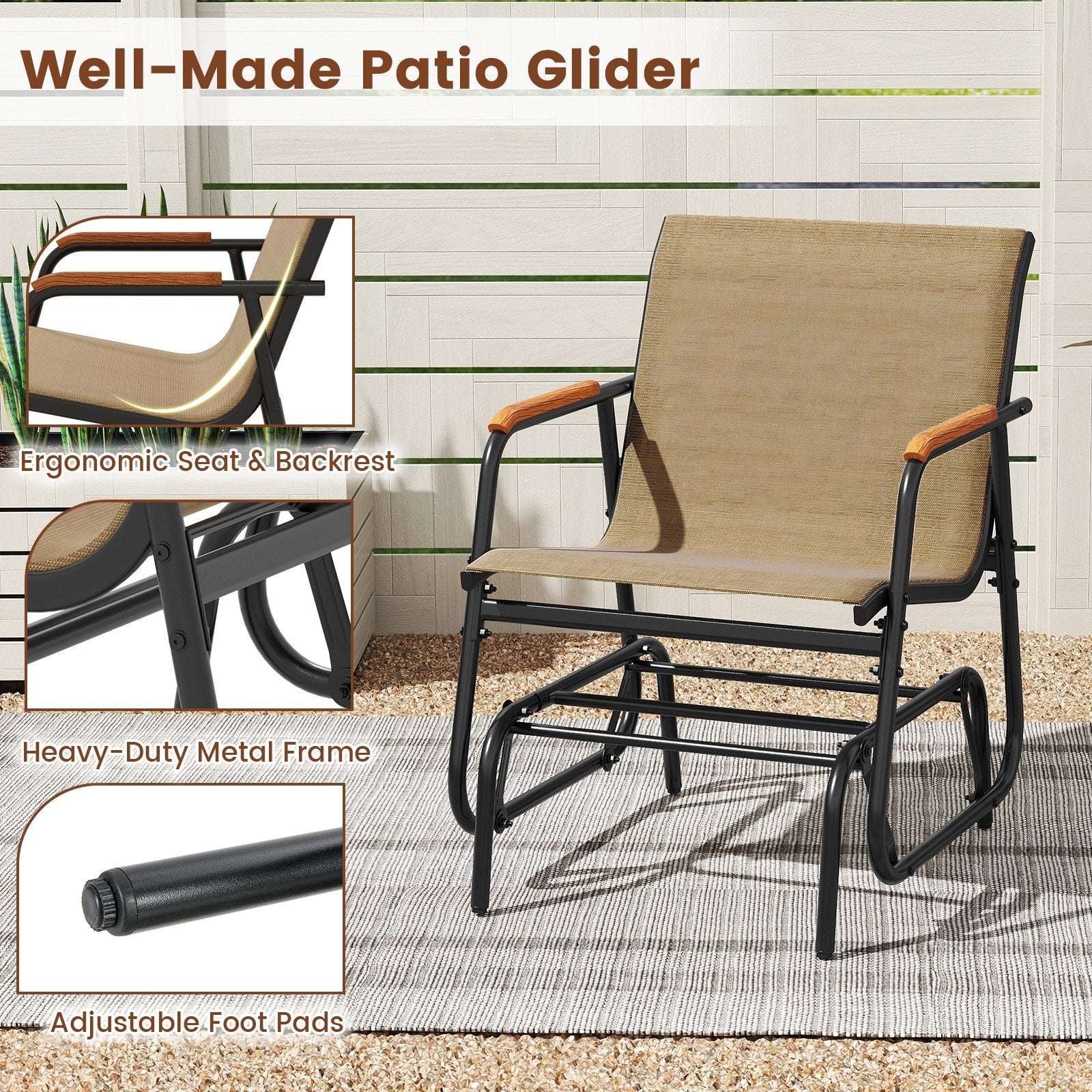 Patio Glider Chair Set of 2 with Curved Teak Armrests and Breathable Fabric Seat, Brown Patio Rocking Chairs & Gliders at Gallery Canada
