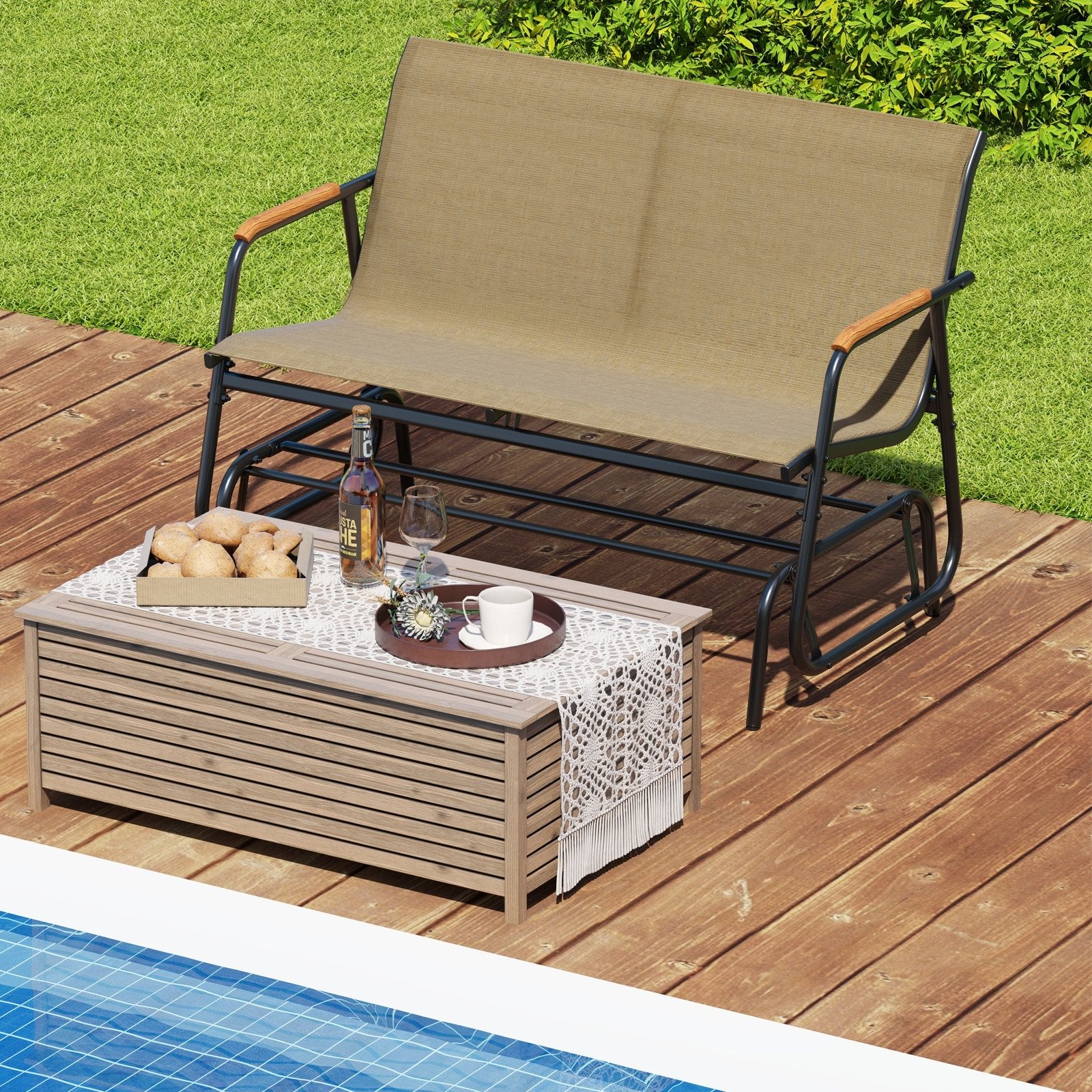 Patio Glider Bench with Curved Teak Armrests and Breathable Fabric Seat for 2 People, Brown Patio Rocking Chairs & Gliders at Gallery Canada