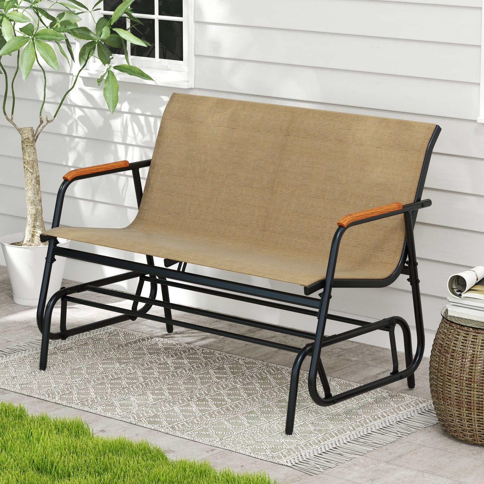 Patio Glider Bench with Curved Teak Armrests and Breathable Fabric Seat for 2 People, Brown Patio Rocking Chairs & Gliders at Gallery Canada