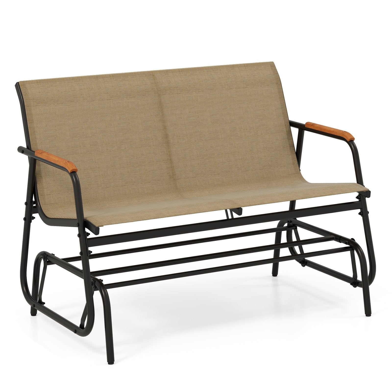 Patio Glider Bench with Curved Teak Armrests and Breathable Fabric Seat for 2 People, Brown Patio Rocking Chairs & Gliders Brown at Gallery Canada