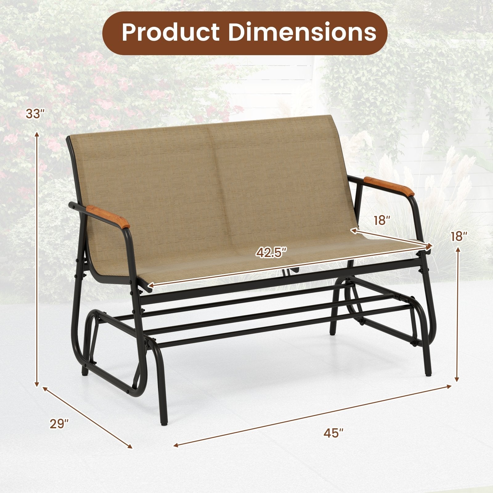 Patio Glider Bench with Curved Teak Armrests and Breathable Fabric Seat for 2 People, Brown Patio Rocking Chairs & Gliders at Gallery Canada