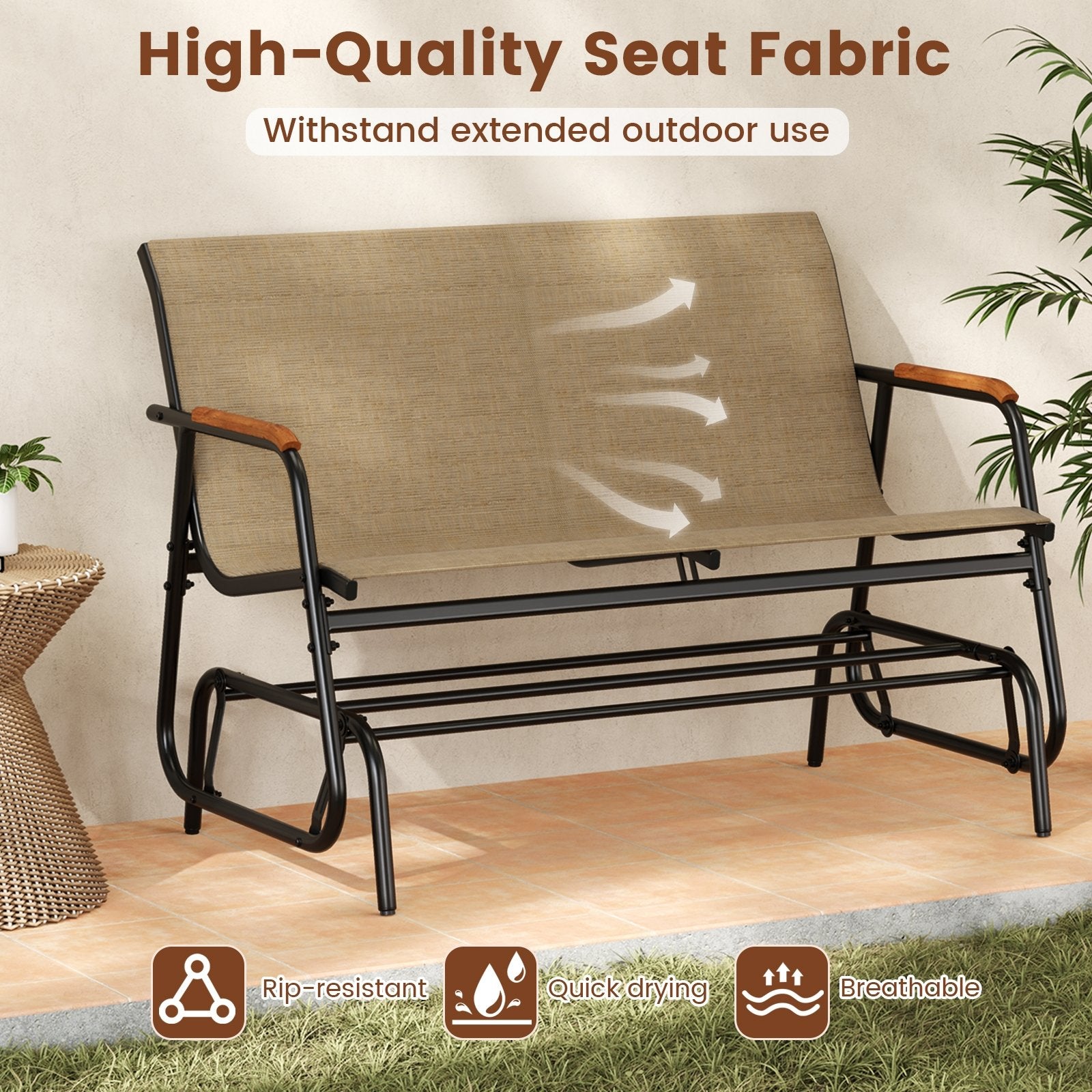 Patio Glider Bench with Curved Teak Armrests and Breathable Fabric Seat for 2 People, Brown Patio Rocking Chairs & Gliders at Gallery Canada