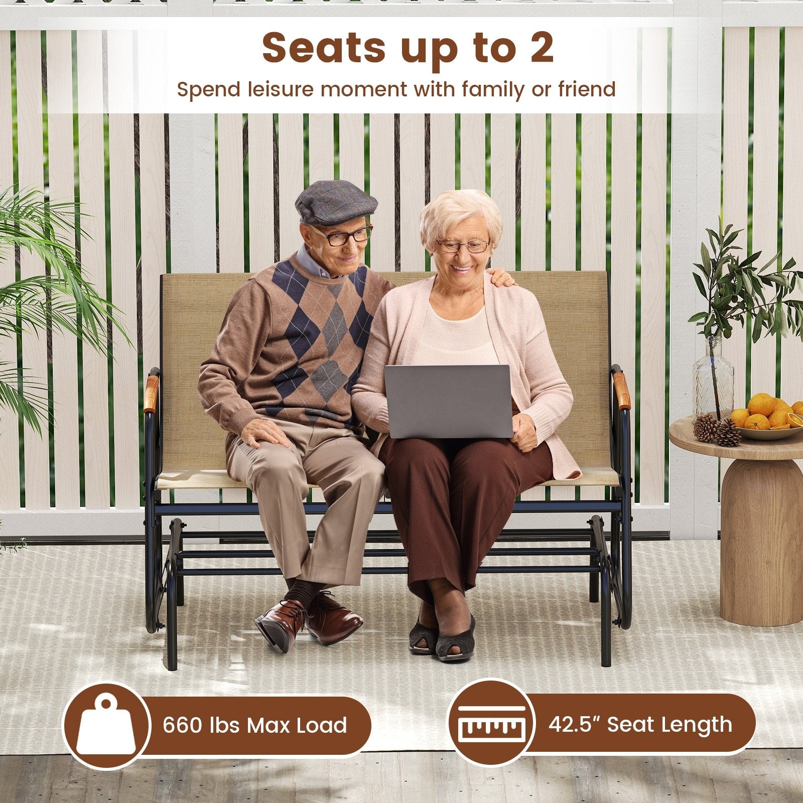 Patio Glider Bench with Curved Teak Armrests and Breathable Fabric Seat for 2 People, Brown Patio Rocking Chairs & Gliders at Gallery Canada