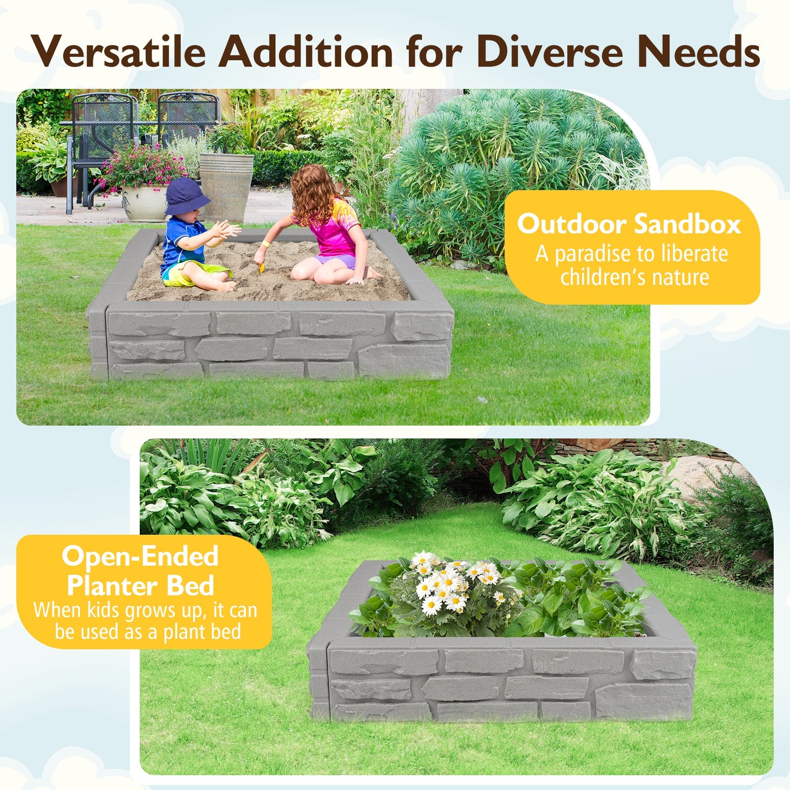 2-In-1 HDPE Kids Sandbox with Cover and Bottom Liner, Gray Sandboxes at Gallery Canada