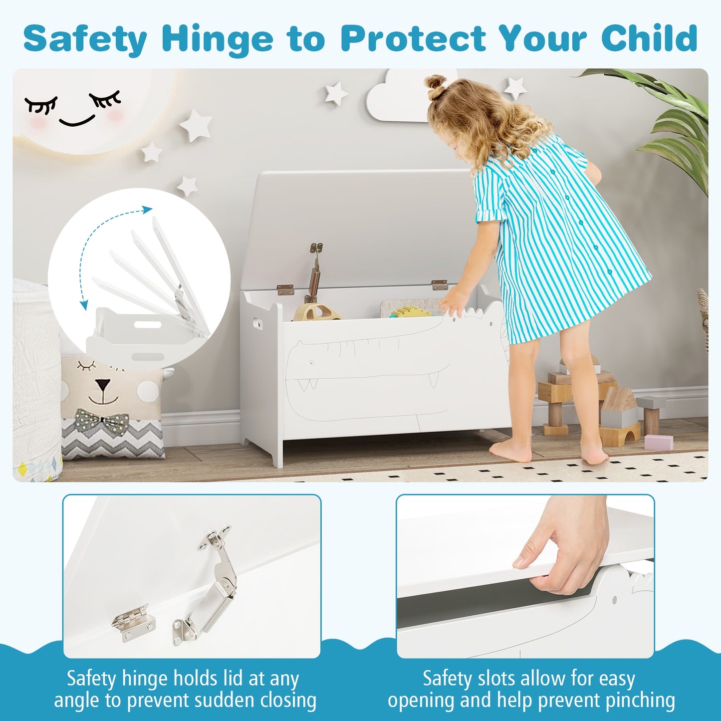 Wooden Kids Toy Box with Safety Hinge, White Kids Storage   at Gallery Canada