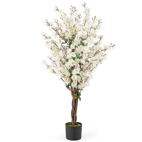 Faux Plum Blossom Plant with White Fabric Flower and Solid Wood Trunk, White