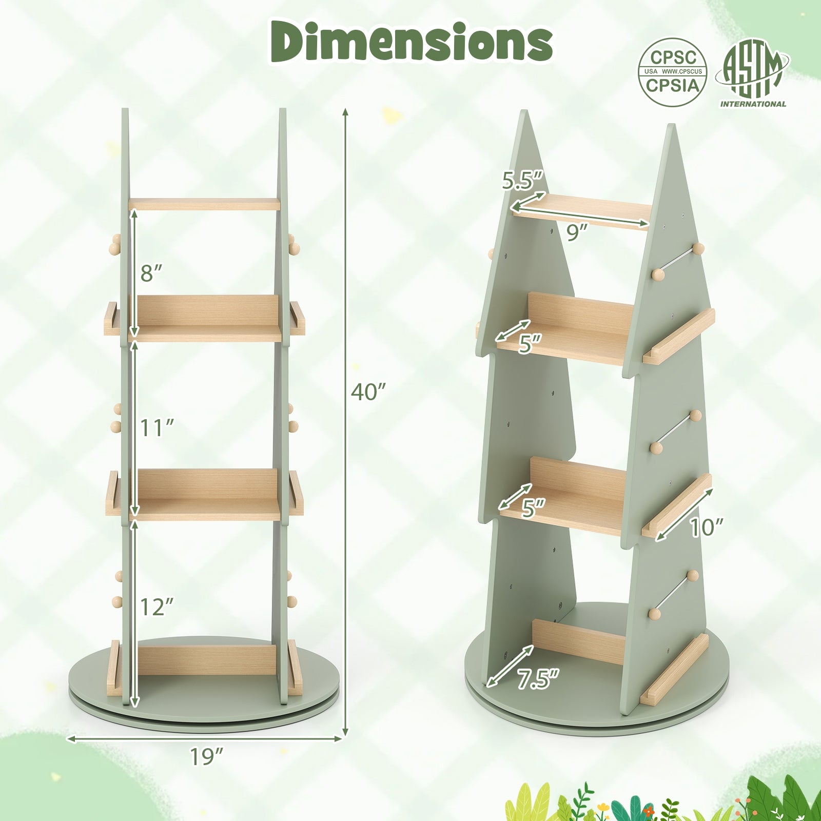 4 Tier Tree Shape Kids Rotating Bookshelf 360° Display Rack Storage Organizer, Green Kids Storage at Gallery Canada