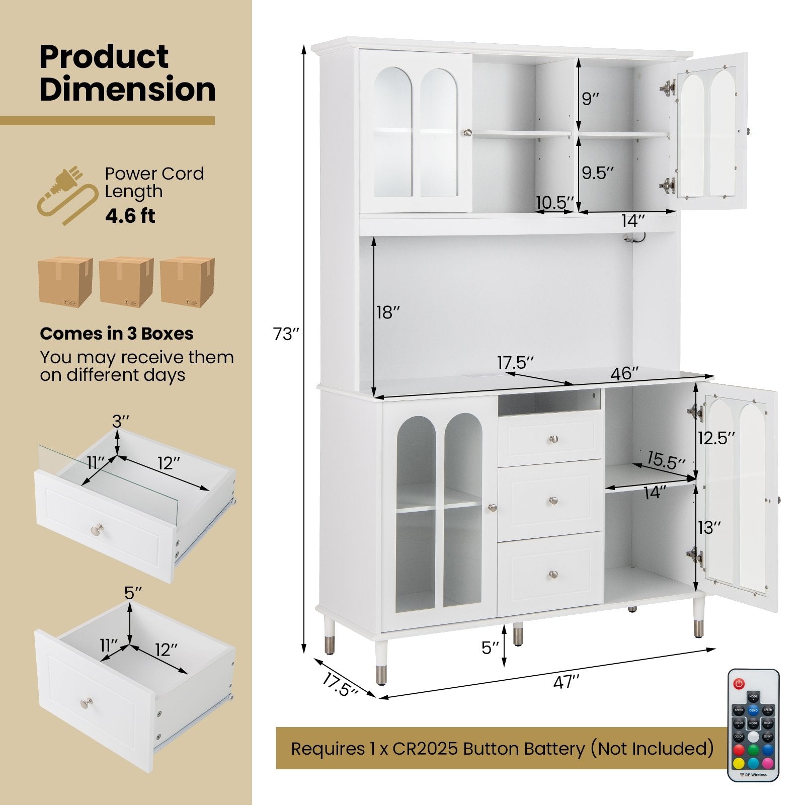 73 Inch Kitchen Pantry Storage Cabinet Freestanding Buffet Cabinet with LED Lights, White Sideboards Cabinets & Buffets   at Gallery Canada