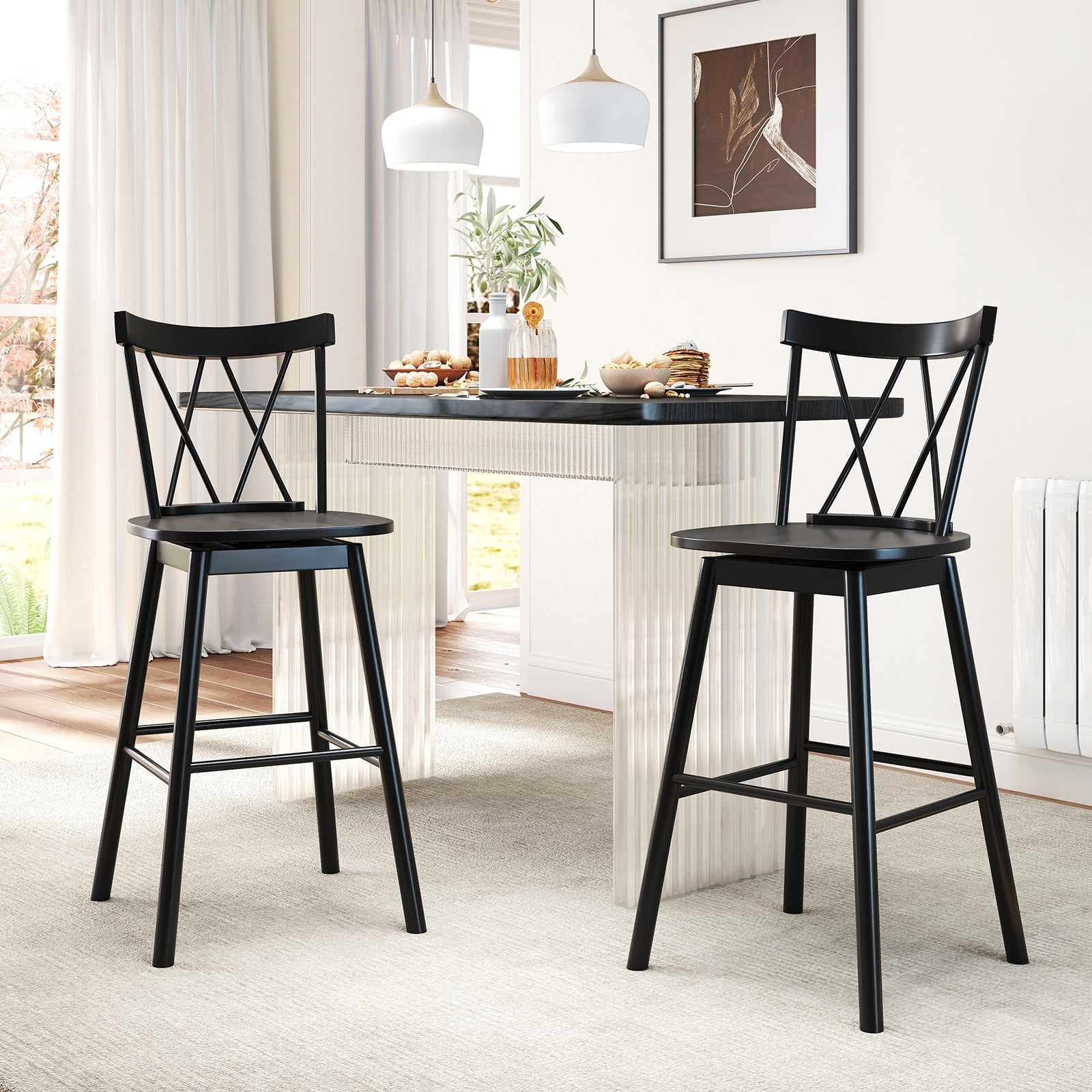 Set of 2 Windsor Bar Stool with Ergonomic Backrest and Footrests-29 inches, Black Bar Stools at Gallery Canada