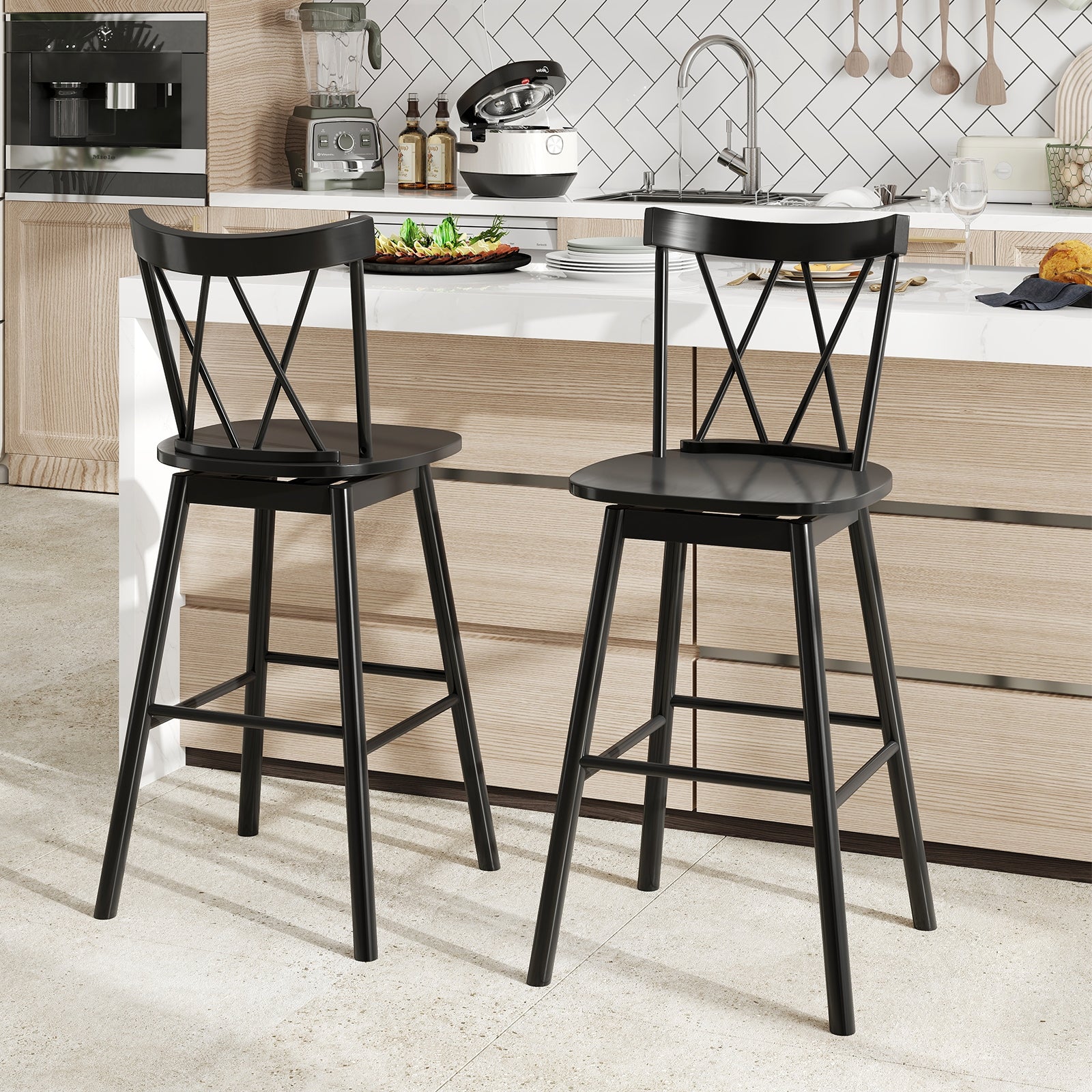 Set of 2 Windsor Bar Stool with Ergonomic Backrest and Footrests-29 inches, Black Bar Stools at Gallery Canada