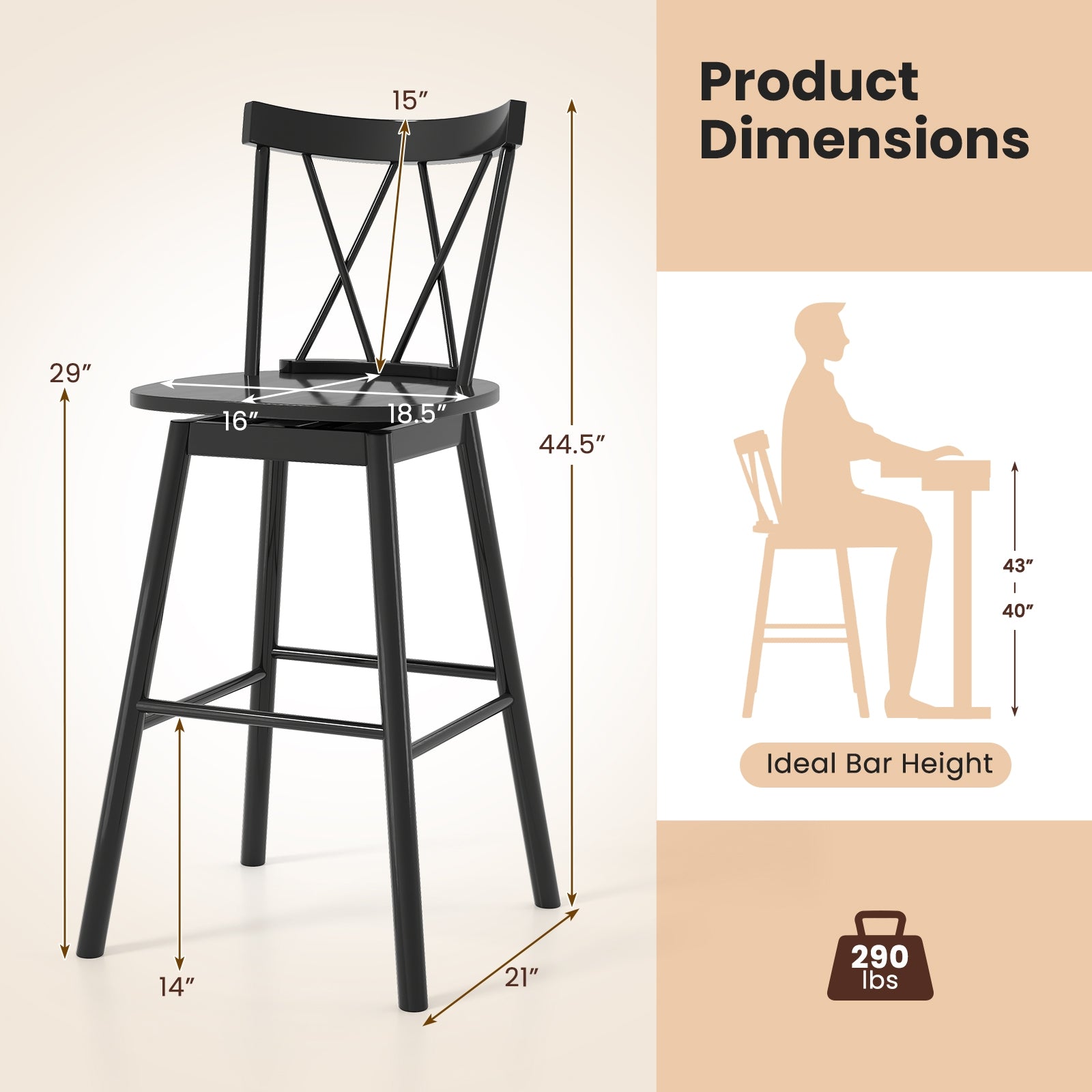 Set of 2 Windsor Bar Stool with Ergonomic Backrest and Footrests-29 inches, Black Bar Stools at Gallery Canada