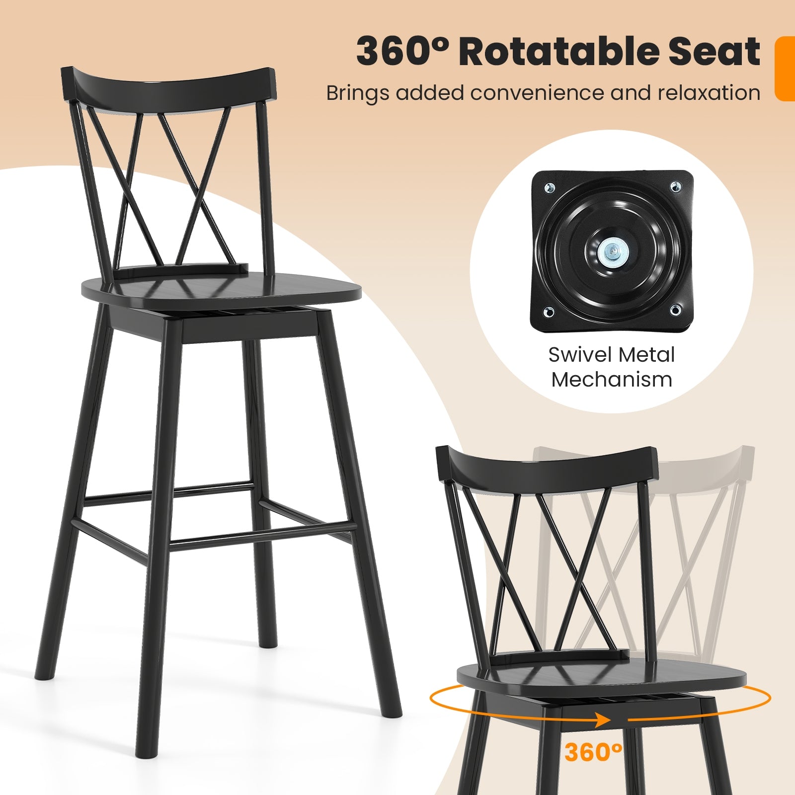 Set of 2 Windsor Bar Stool with Ergonomic Backrest and Footrests-29 inches, Black Bar Stools at Gallery Canada
