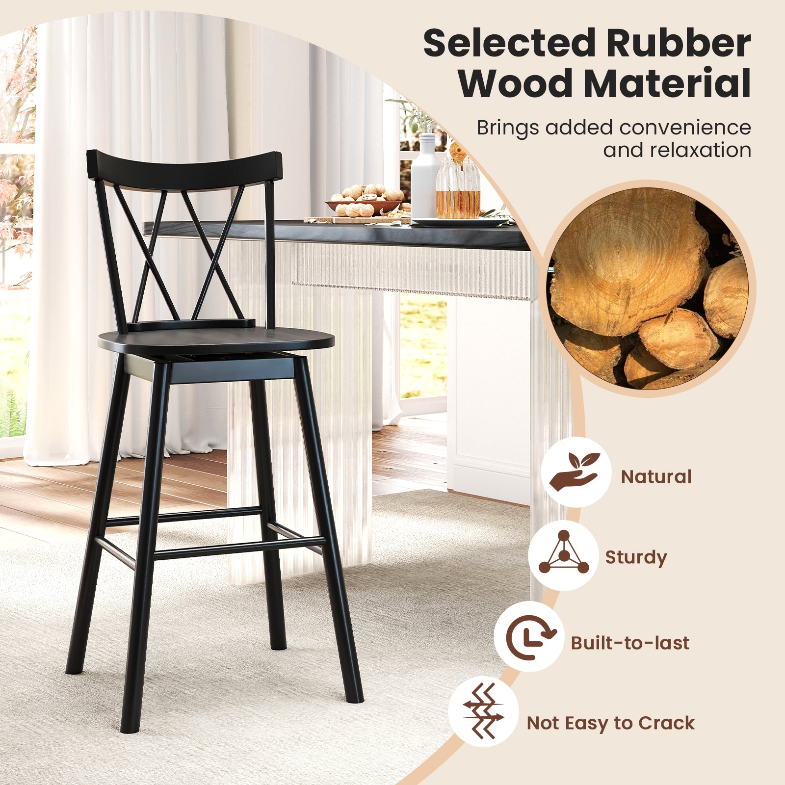 Set of 2 Windsor Bar Stool with Ergonomic Backrest and Footrests-29 inches, Black Bar Stools at Gallery Canada
