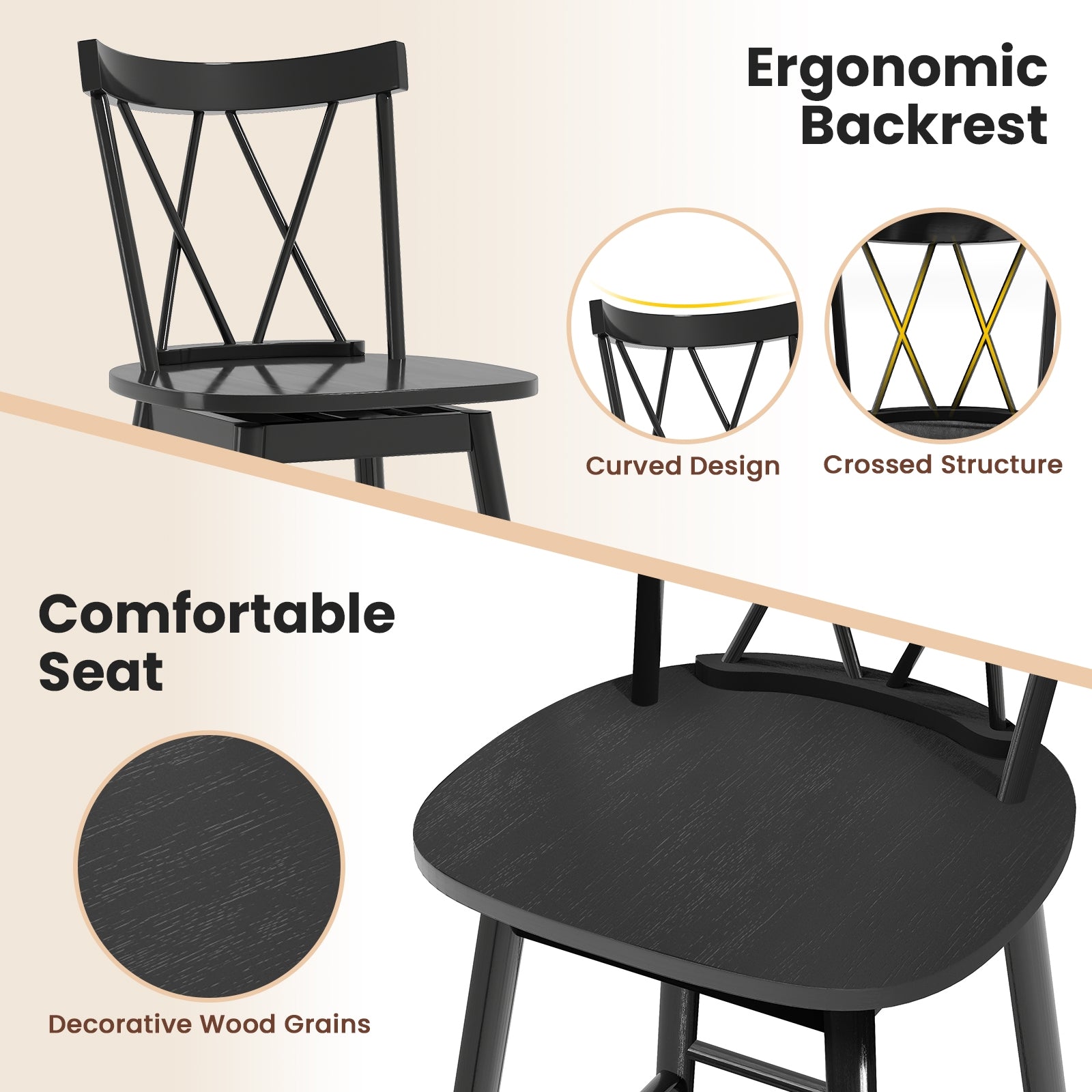 Set of 2 Windsor Bar Stool with Ergonomic Backrest and Footrests-29 inches, Black Bar Stools at Gallery Canada