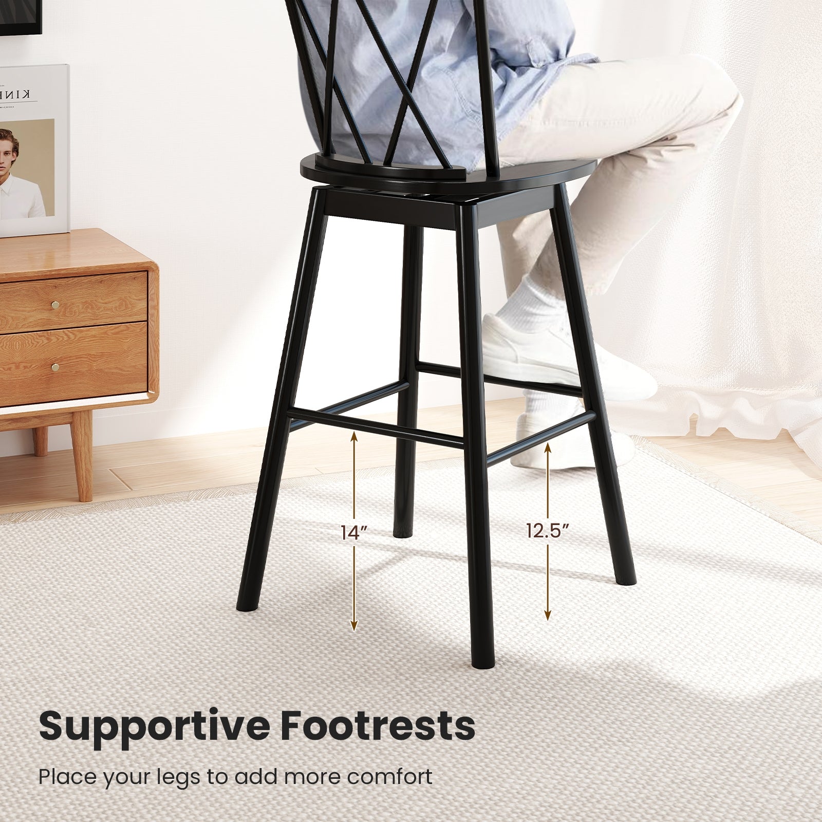 Set of 2 Windsor Bar Stool with Ergonomic Backrest and Footrests-29 inches, Black Bar Stools at Gallery Canada