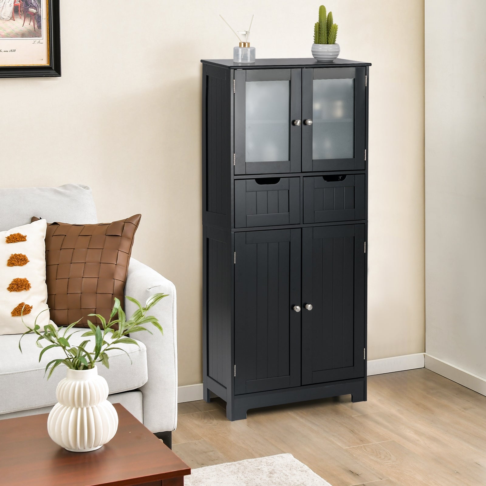 4 Door Freestanding Bathroom Floor Storage Cabinet with 2 Drawers and Glass Doors, Black Floor Cabinets at Gallery Canada