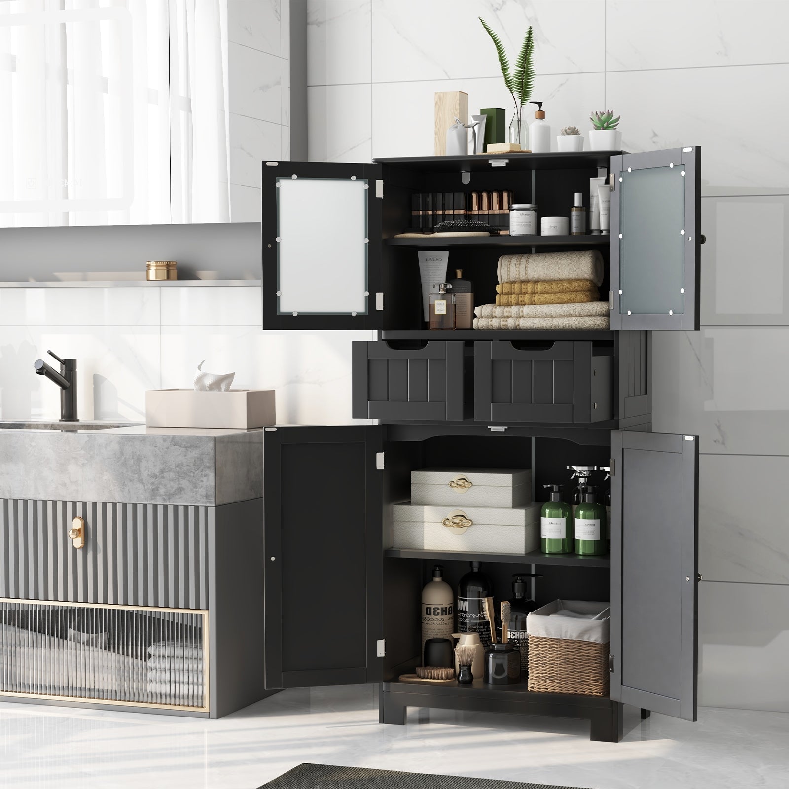 4 Door Freestanding Bathroom Floor Storage Cabinet with 2 Drawers and Glass Doors, Black Floor Cabinets at Gallery Canada