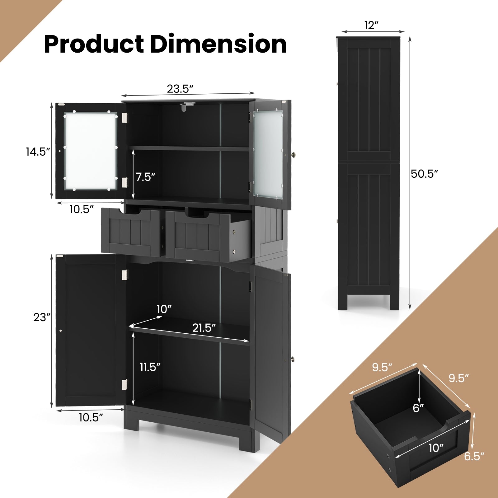 4 Door Freestanding Bathroom Floor Storage Cabinet with 2 Drawers and Glass Doors, Black Floor Cabinets at Gallery Canada