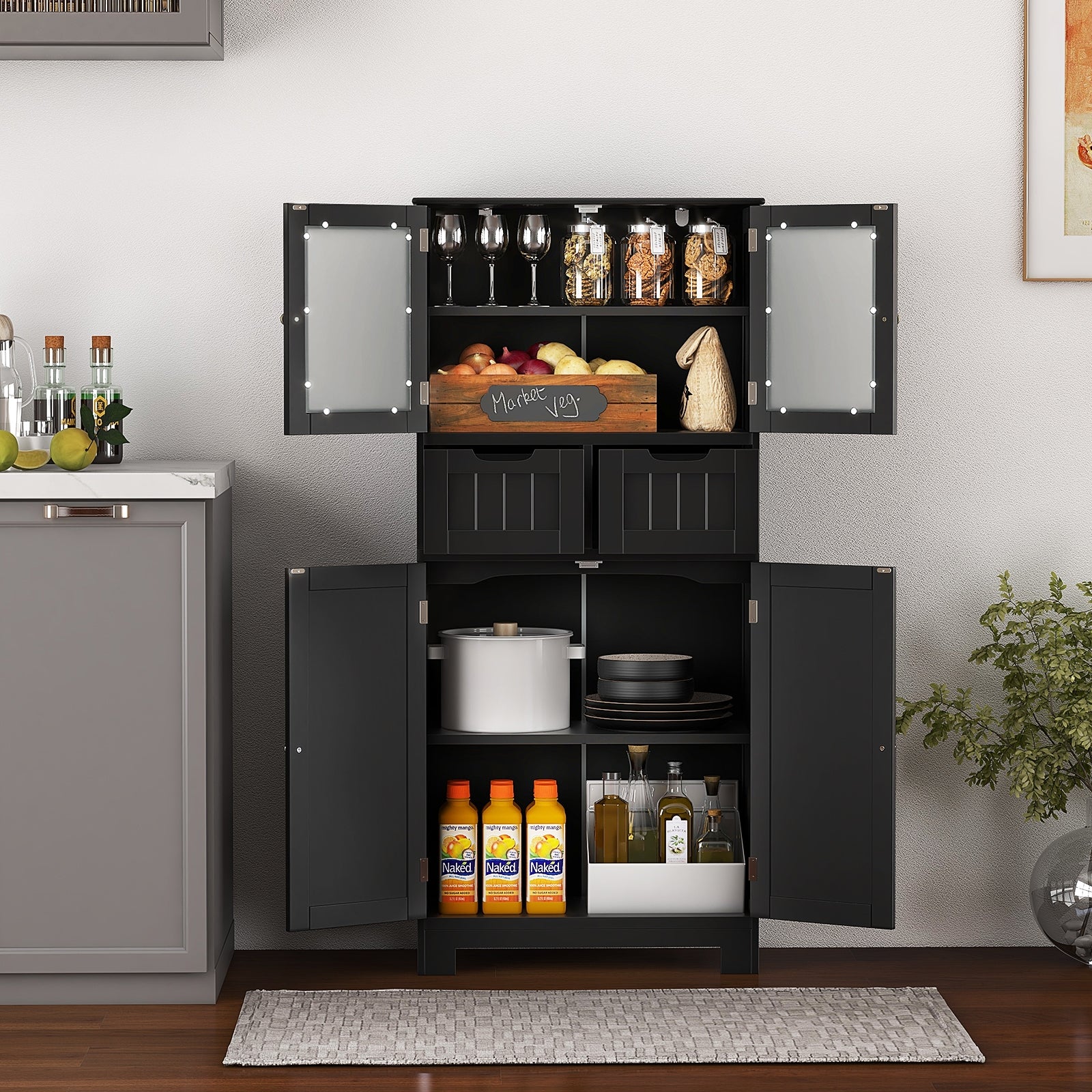 4 Door Freestanding Bathroom Floor Storage Cabinet with 2 Drawers and Glass Doors, Black Floor Cabinets at Gallery Canada