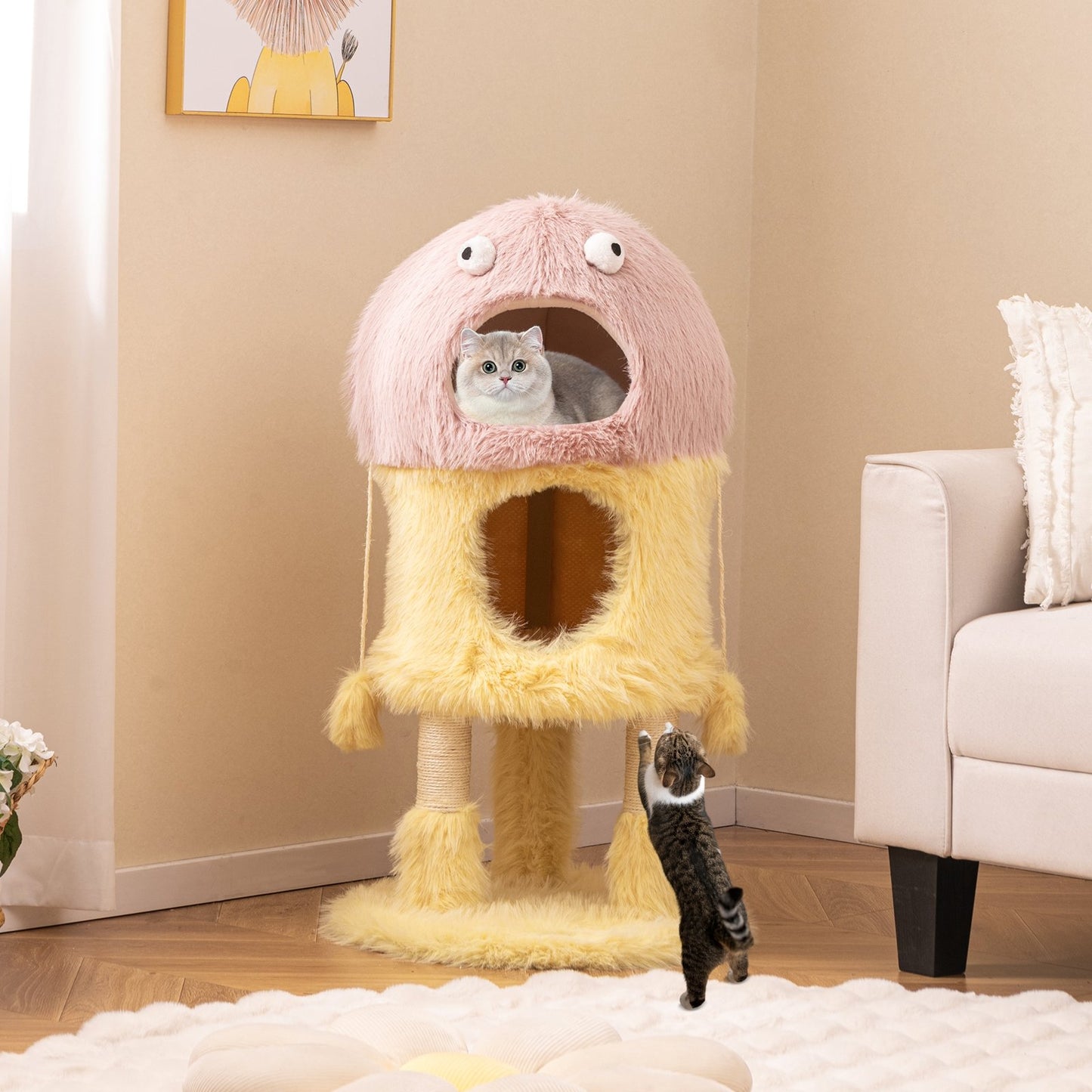 Cute Monster-Themed Cat Tower with 2 Private Condos and 3-Level Activity Center, Yellow Cat Trees Condos & Scratchers   at Gallery Canada