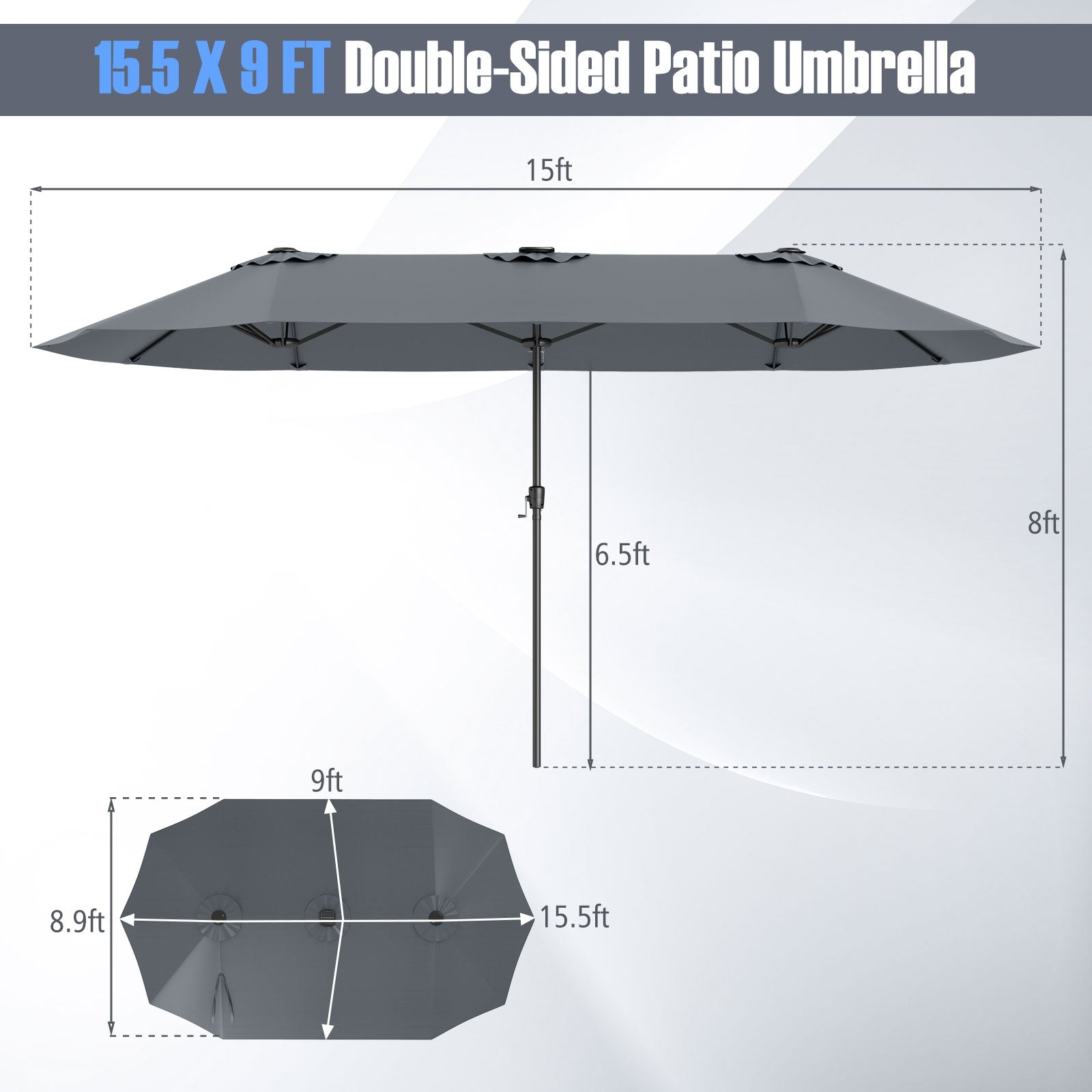 15.5 FT Extra-Large Patio Umbrella with LED Solar Lights and Crank Handle, Gray Outdoor Umbrellas at Gallery Canada