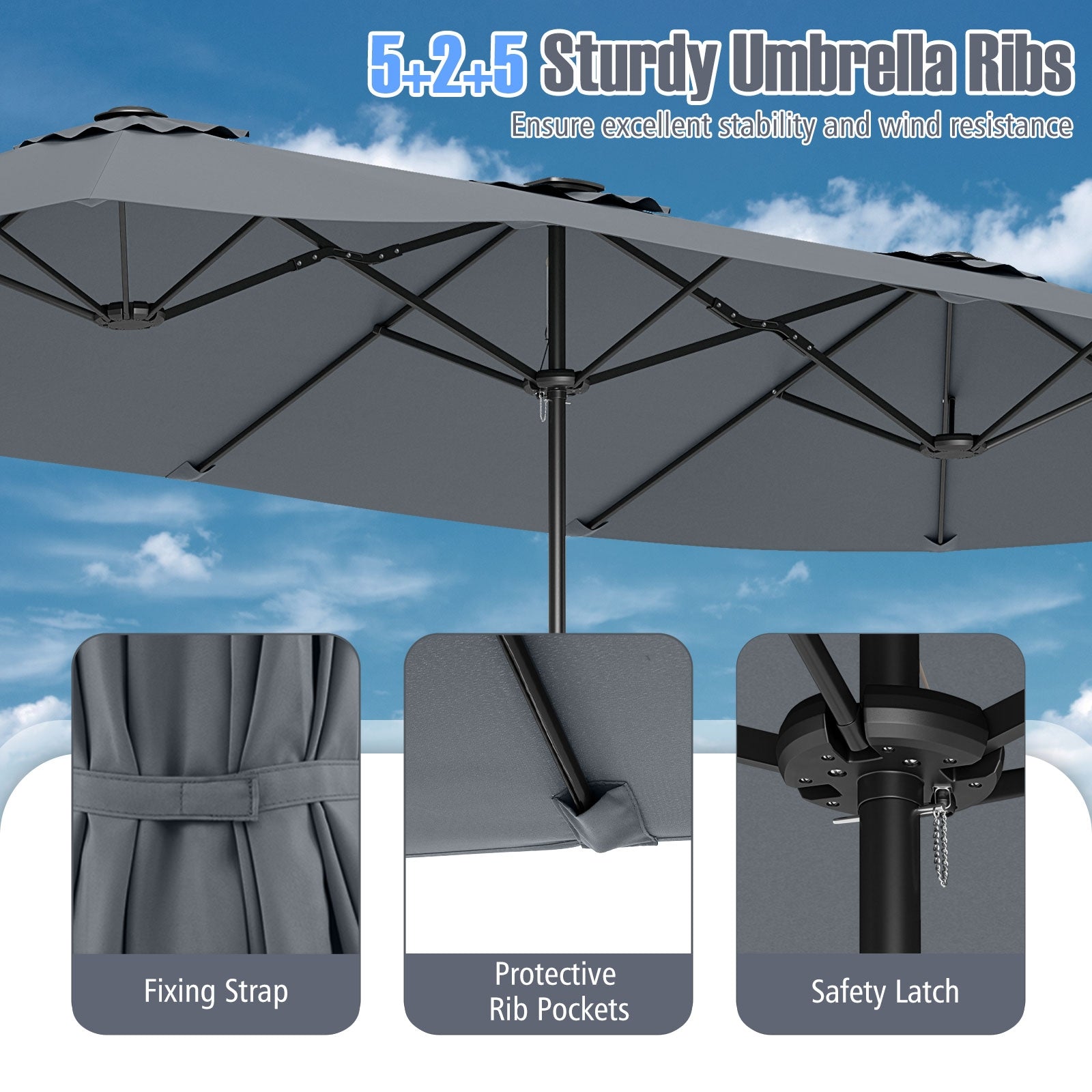 15.5 FT Extra-Large Patio Umbrella with LED Solar Lights and Crank Handle, Gray Outdoor Umbrellas at Gallery Canada