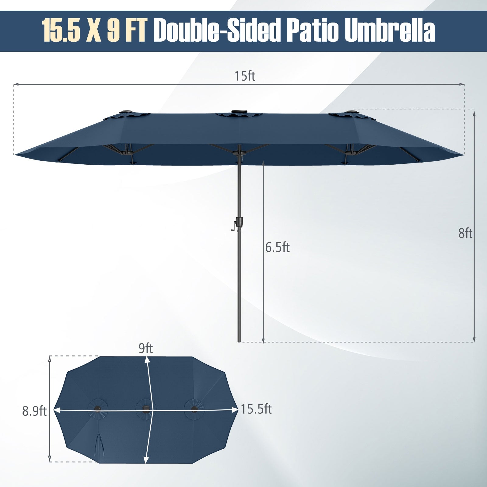 15.5 FT Extra-Large Patio Umbrella with LED Solar Lights and Crank Handle, Navy Outdoor Umbrellas at Gallery Canada