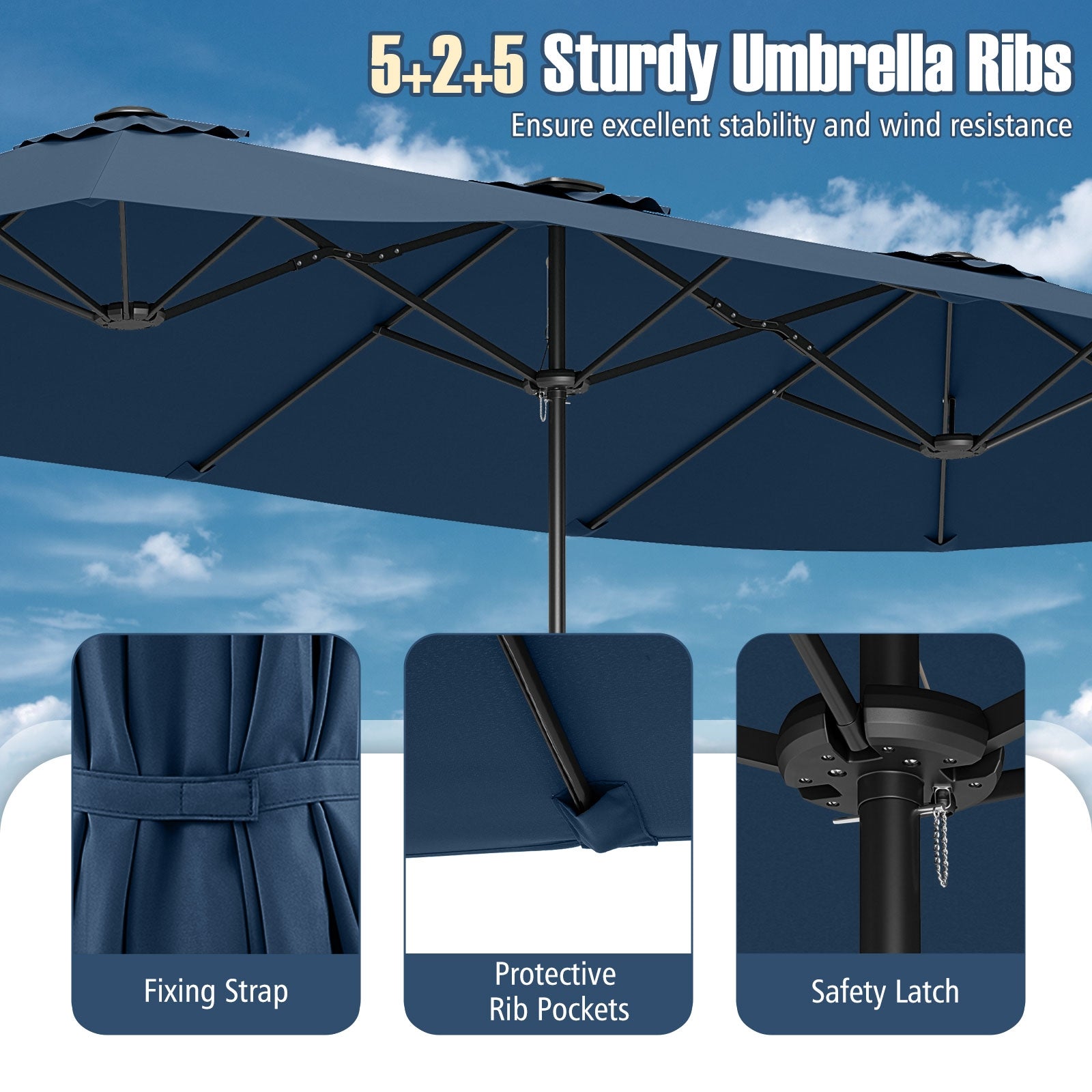 15.5 FT Extra-Large Patio Umbrella with LED Solar Lights and Crank Handle, Navy Outdoor Umbrellas at Gallery Canada