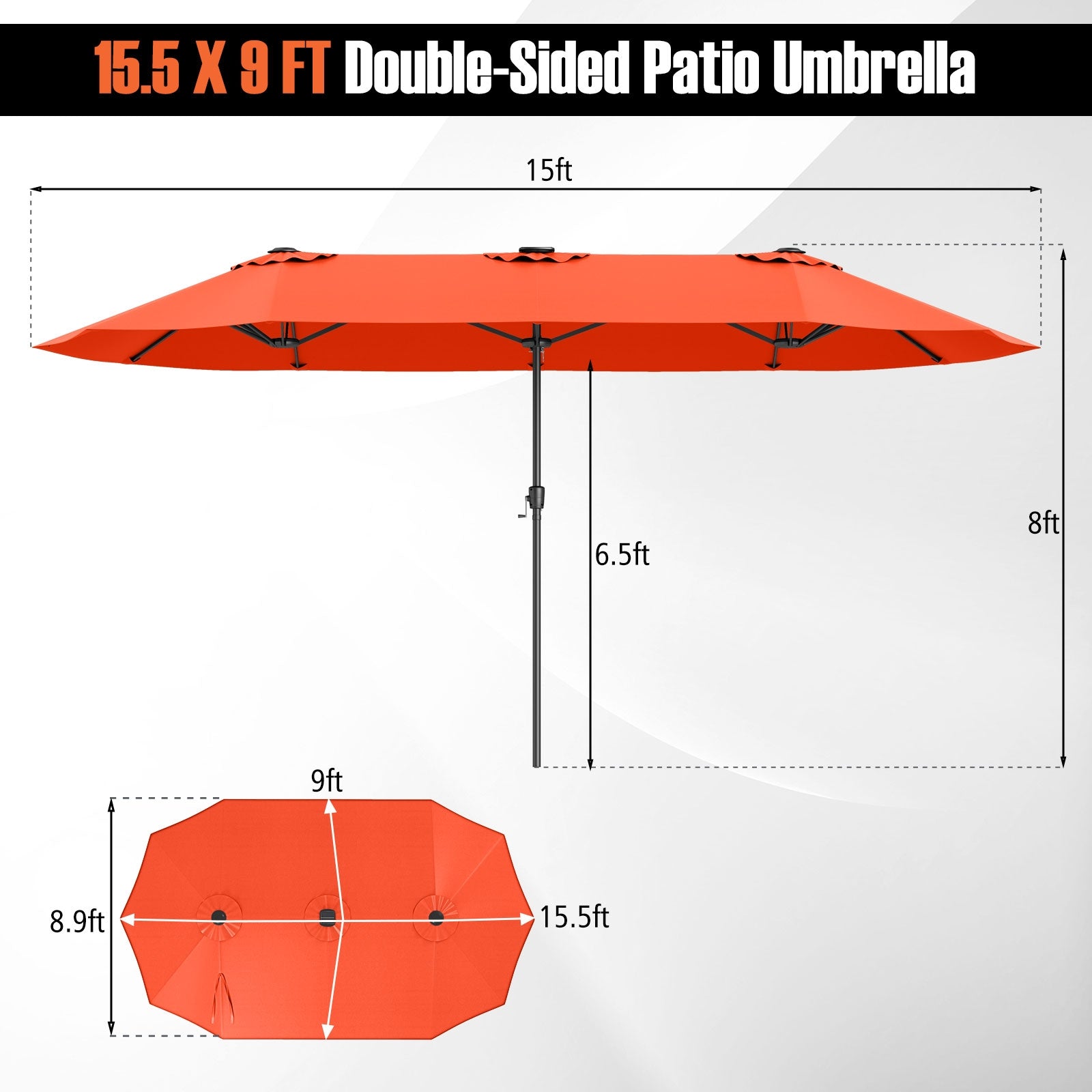 15.5 FT Extra-Large Patio Umbrella with LED Solar Lights and Crank Handle, Orange Outdoor Umbrellas at Gallery Canada
