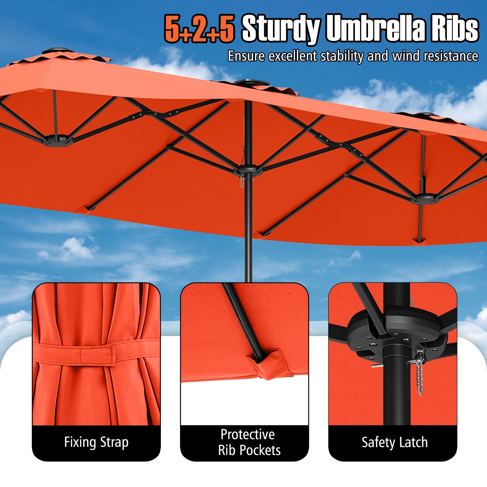 15.5 FT Extra-Large Patio Umbrella with LED Solar Lights and Crank Handle, Orange Outdoor Umbrellas at Gallery Canada