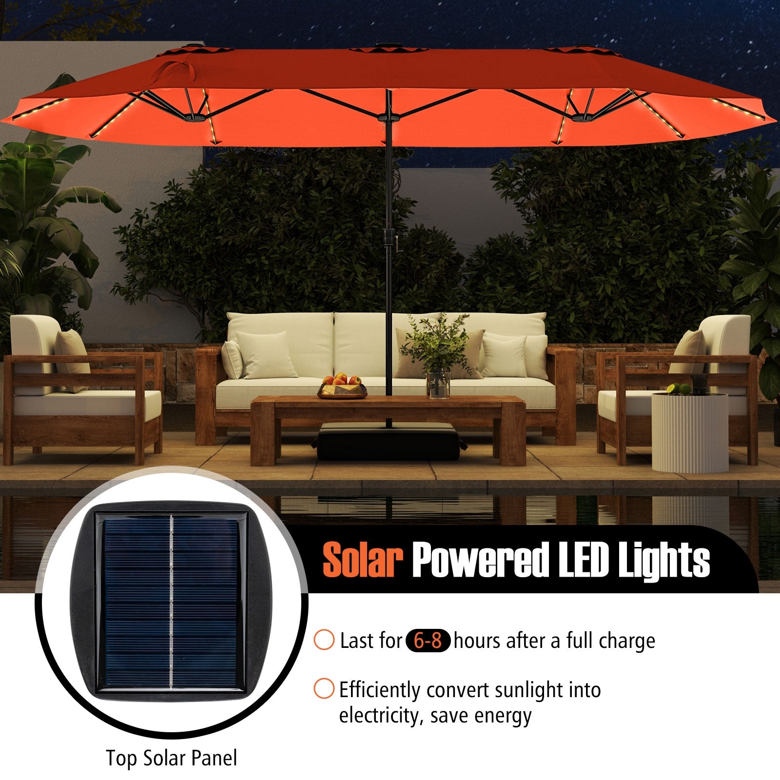 15.5 FT Extra-Large Patio Umbrella with LED Solar Lights and Crank Handle, Orange Outdoor Umbrellas at Gallery Canada