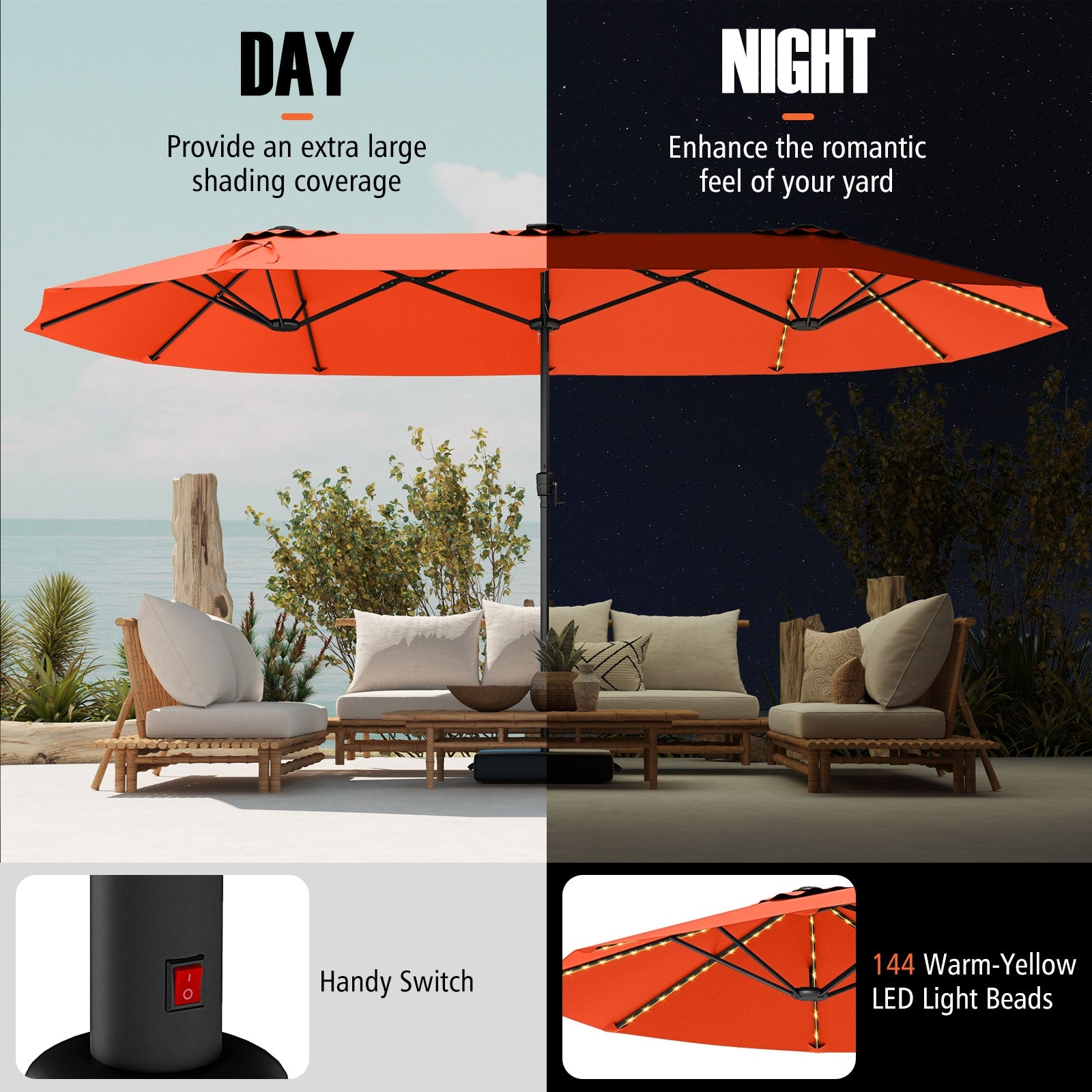 15.5 FT Extra-Large Patio Umbrella with LED Solar Lights and Crank Handle, Orange Outdoor Umbrellas at Gallery Canada
