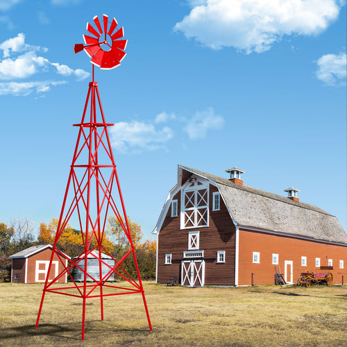 8 Feet Windmill Metal Ornamental Wind Wheel Weather Resistant, Red