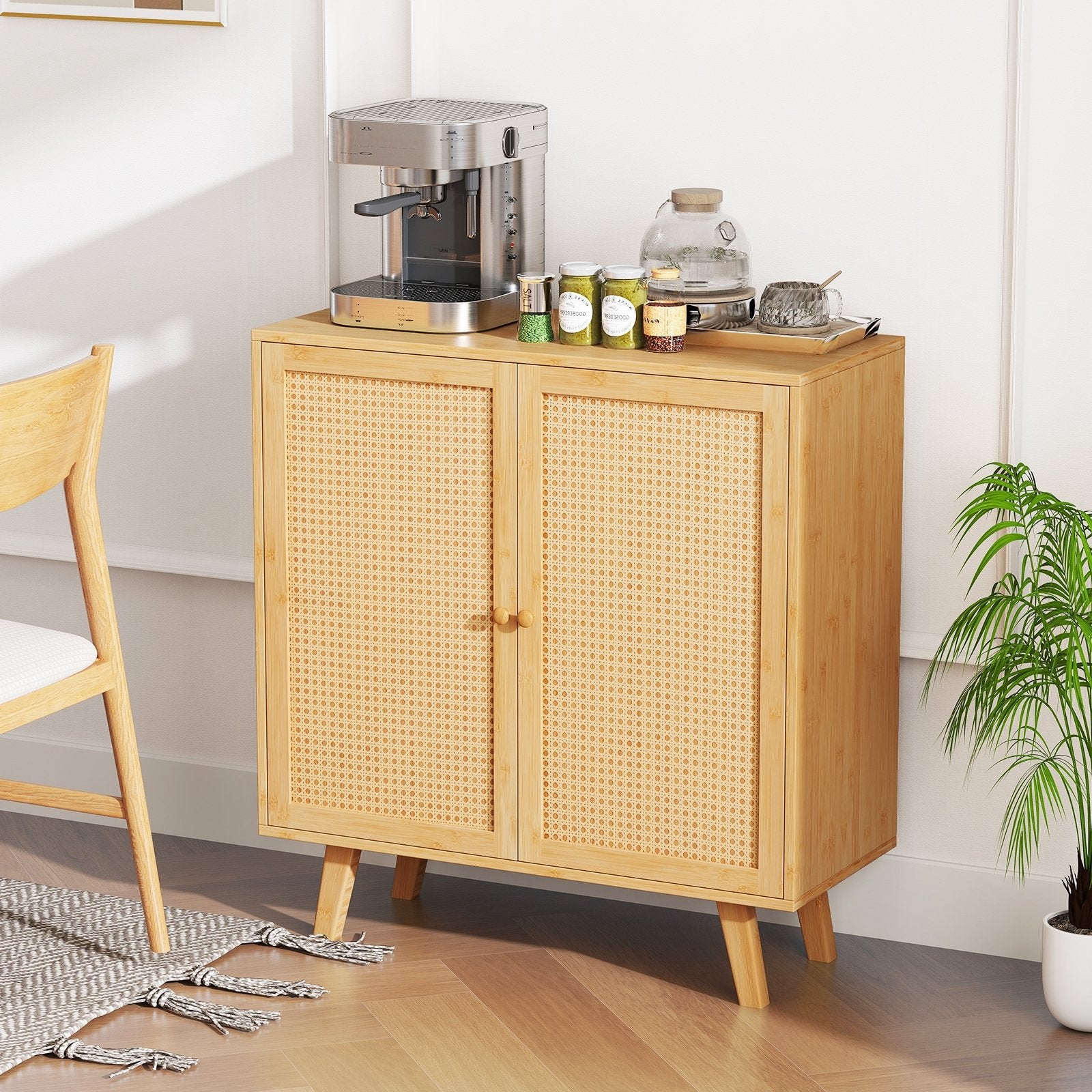 Bamboo Buffet Storage Cabinet with PE Rattan Doors and Freestanding Kitchen Cupboard, Natural Cabinets & Chests at Gallery Canada