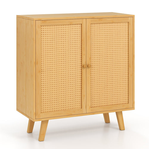 Bamboo Buffet Storage Cabinet with PE Rattan Doors and Freestanding Kitchen Cupboard, Natural