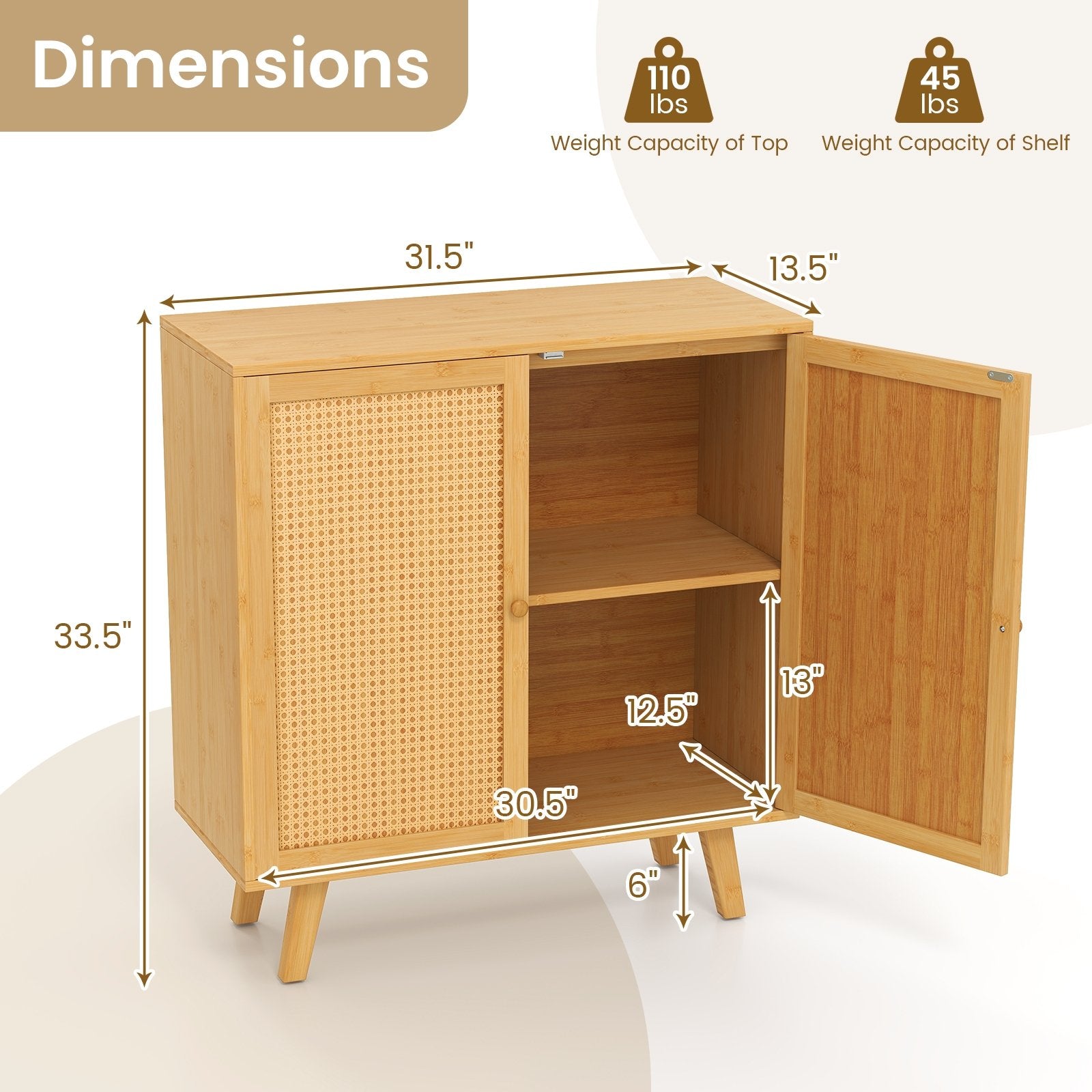 Bamboo Buffet Storage Cabinet with PE Rattan Doors and Freestanding Kitchen Cupboard, Natural Cabinets & Chests at Gallery Canada