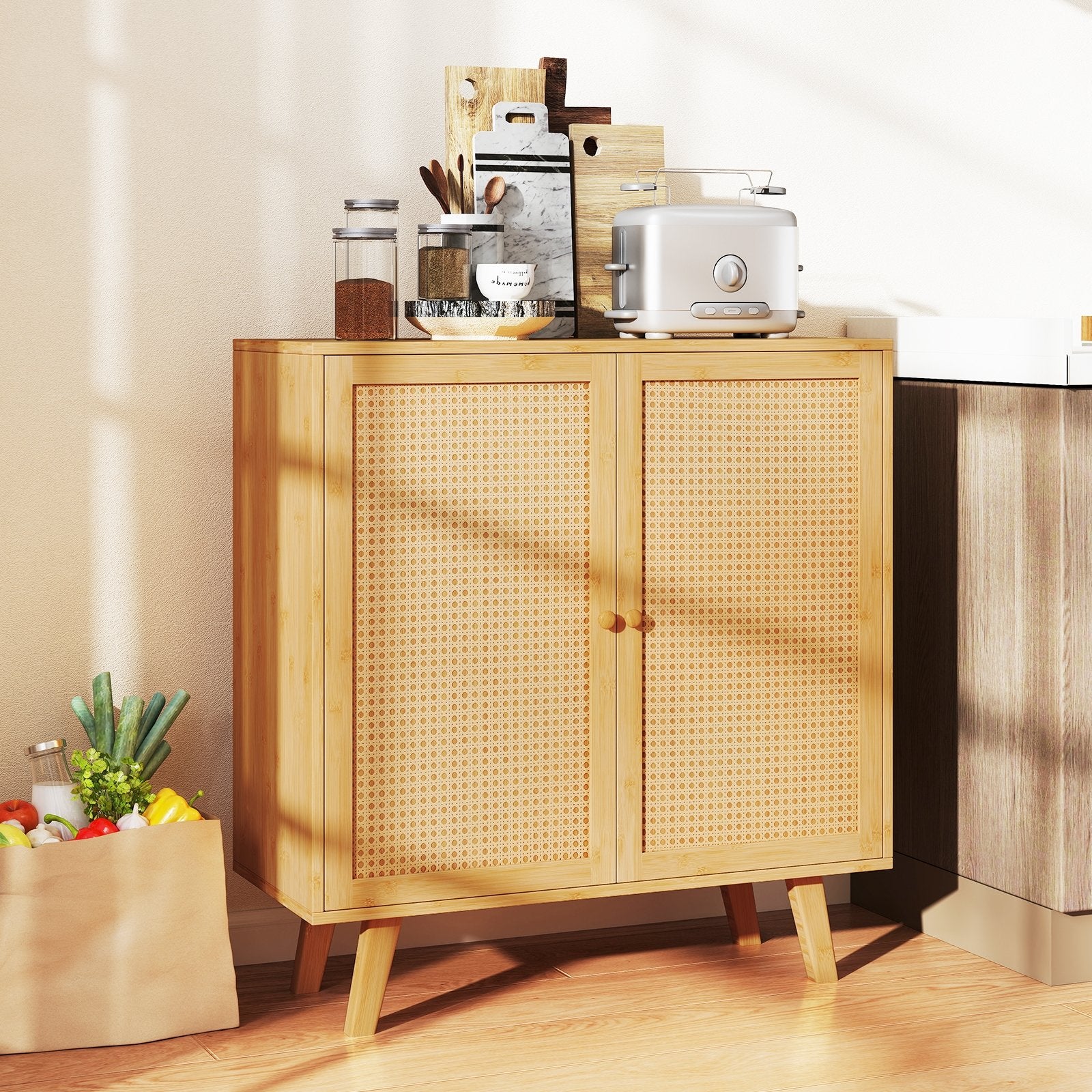 Bamboo Buffet Storage Cabinet with PE Rattan Doors and Freestanding Kitchen Cupboard, Natural Cabinets & Chests at Gallery Canada