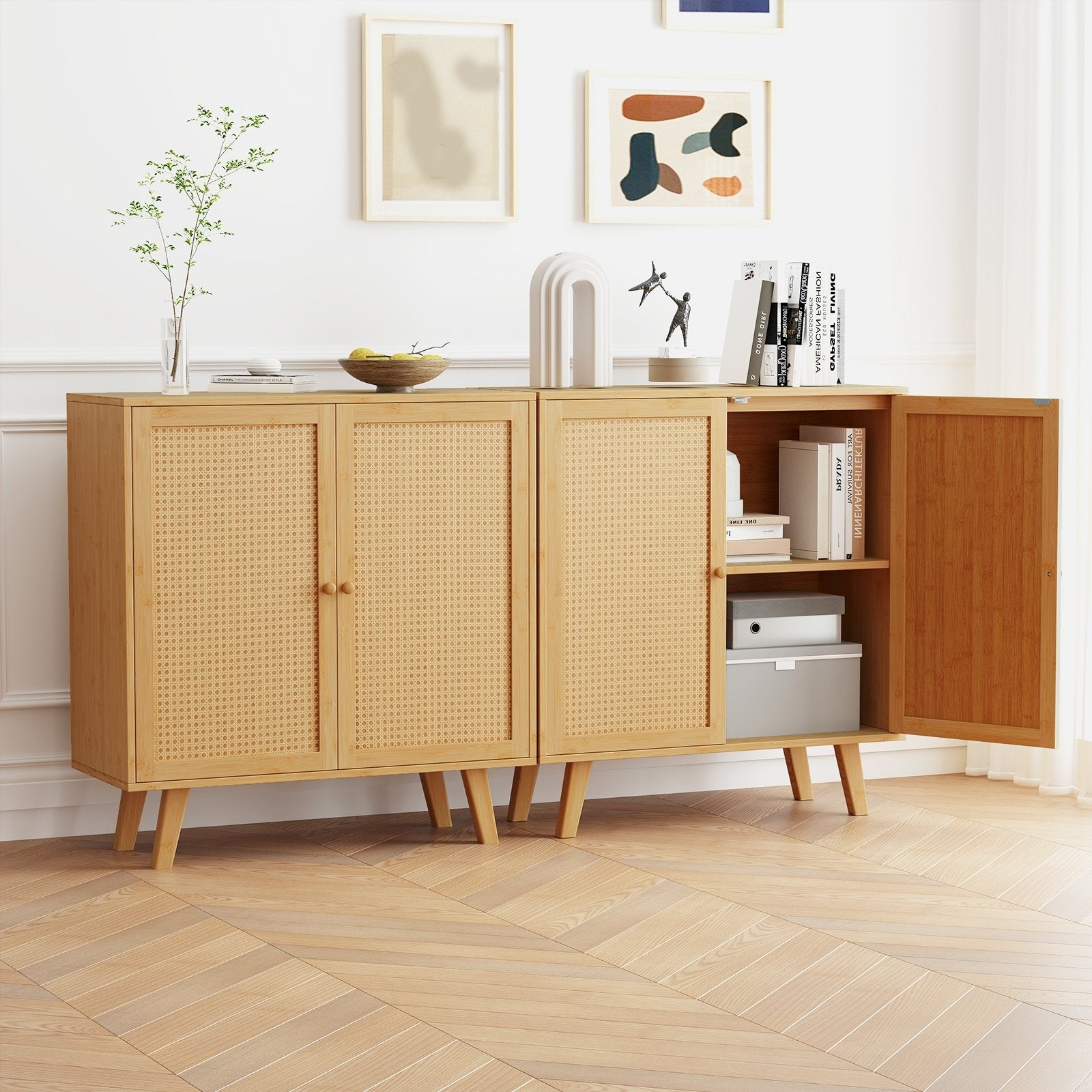 Bamboo Buffet Storage Cabinet with PE Rattan Doors and Freestanding Kitchen Cupboard, Natural Cabinets & Chests at Gallery Canada