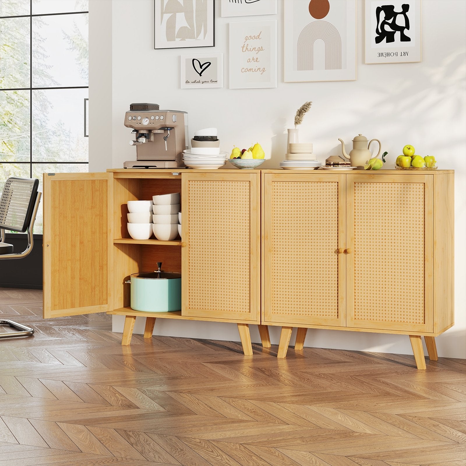 Bamboo Buffet Storage Cabinet with PE Rattan Doors and Freestanding Kitchen Cupboard, Natural Cabinets & Chests at Gallery Canada