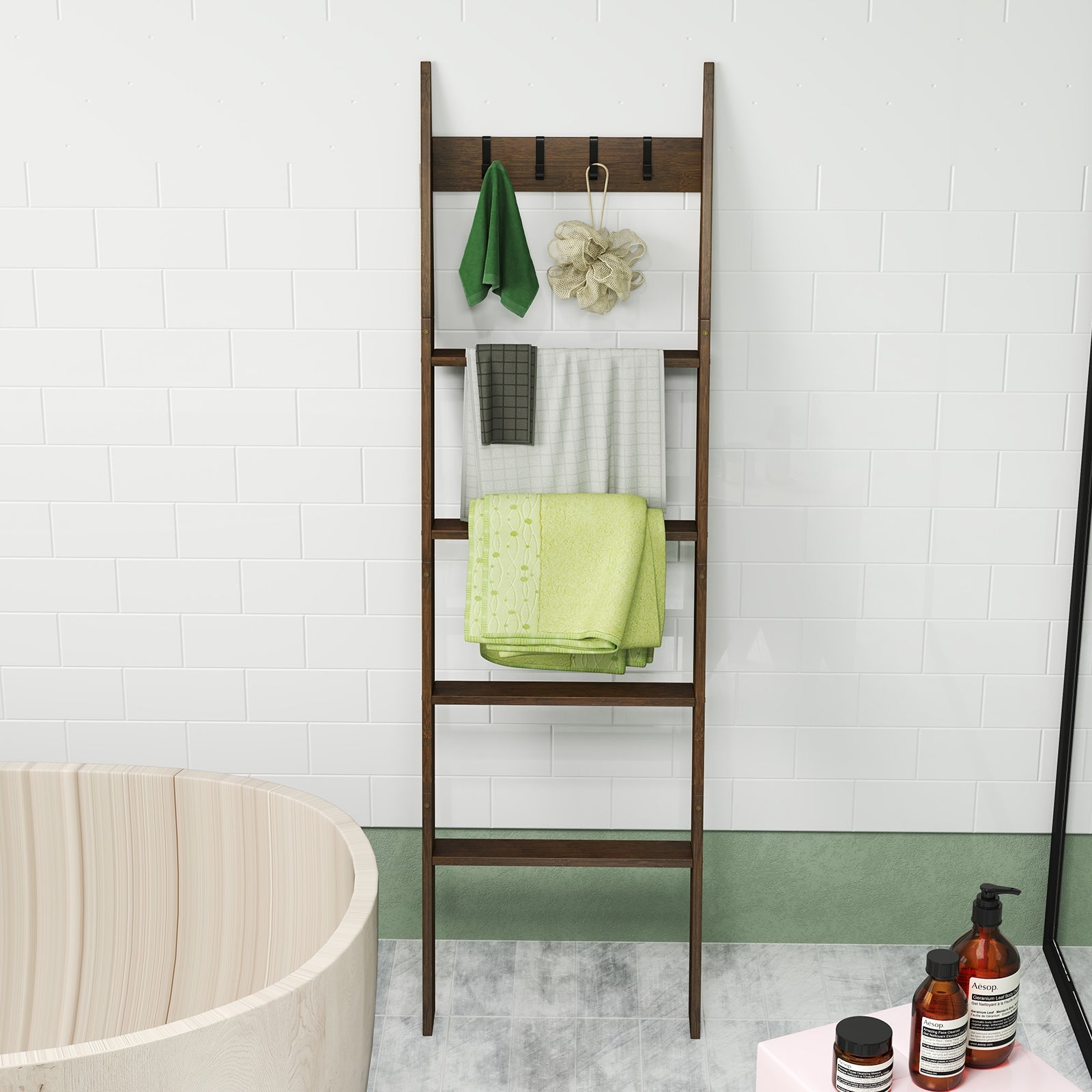 5-Tier Bamboo Ladder Bookshelf with 4 Removable Hooks, Brown Bookcases at Gallery Canada